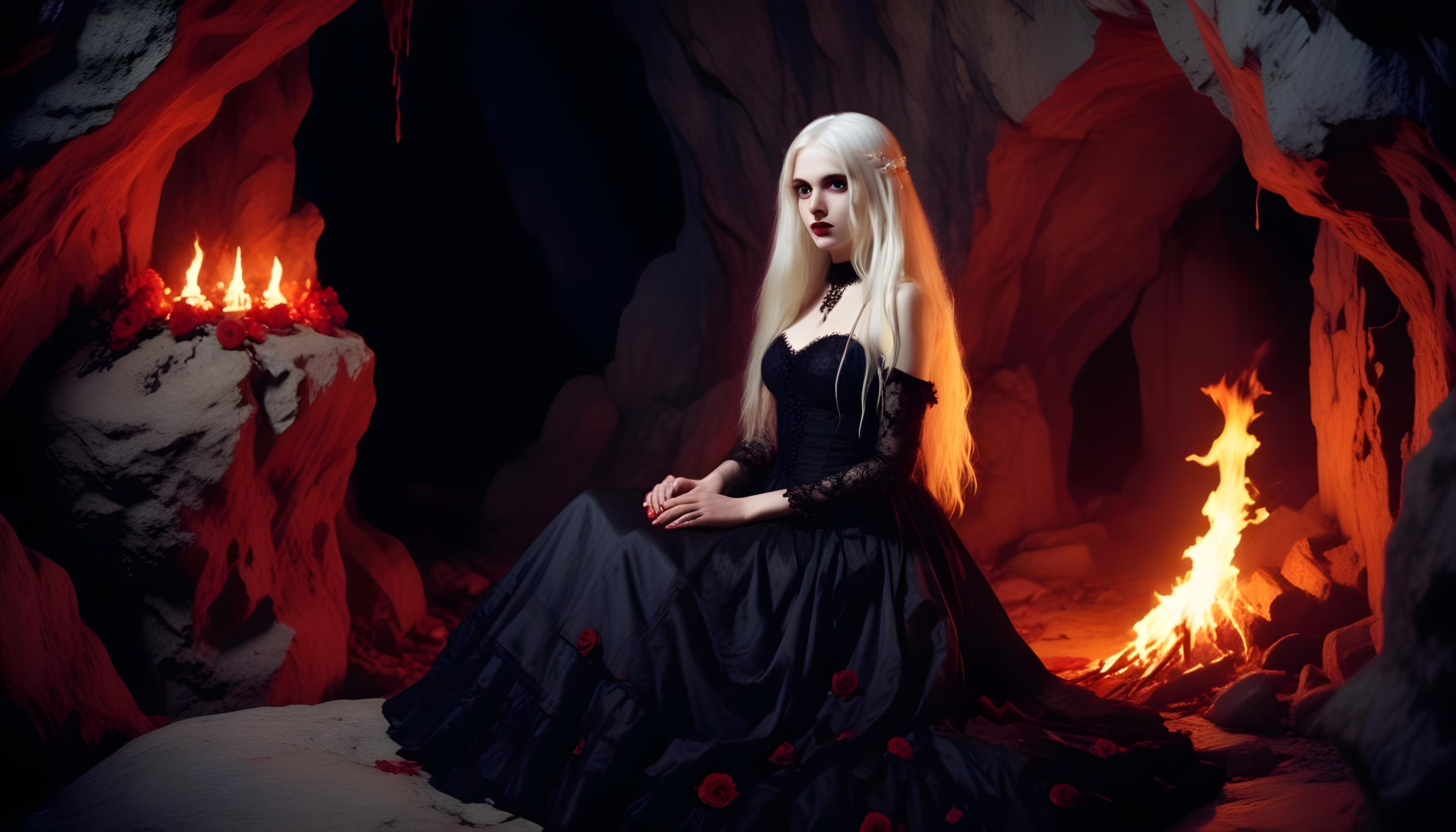 Mystical Vampire Queen Holding Red Rose in Dark Fantasy Gothic Setting