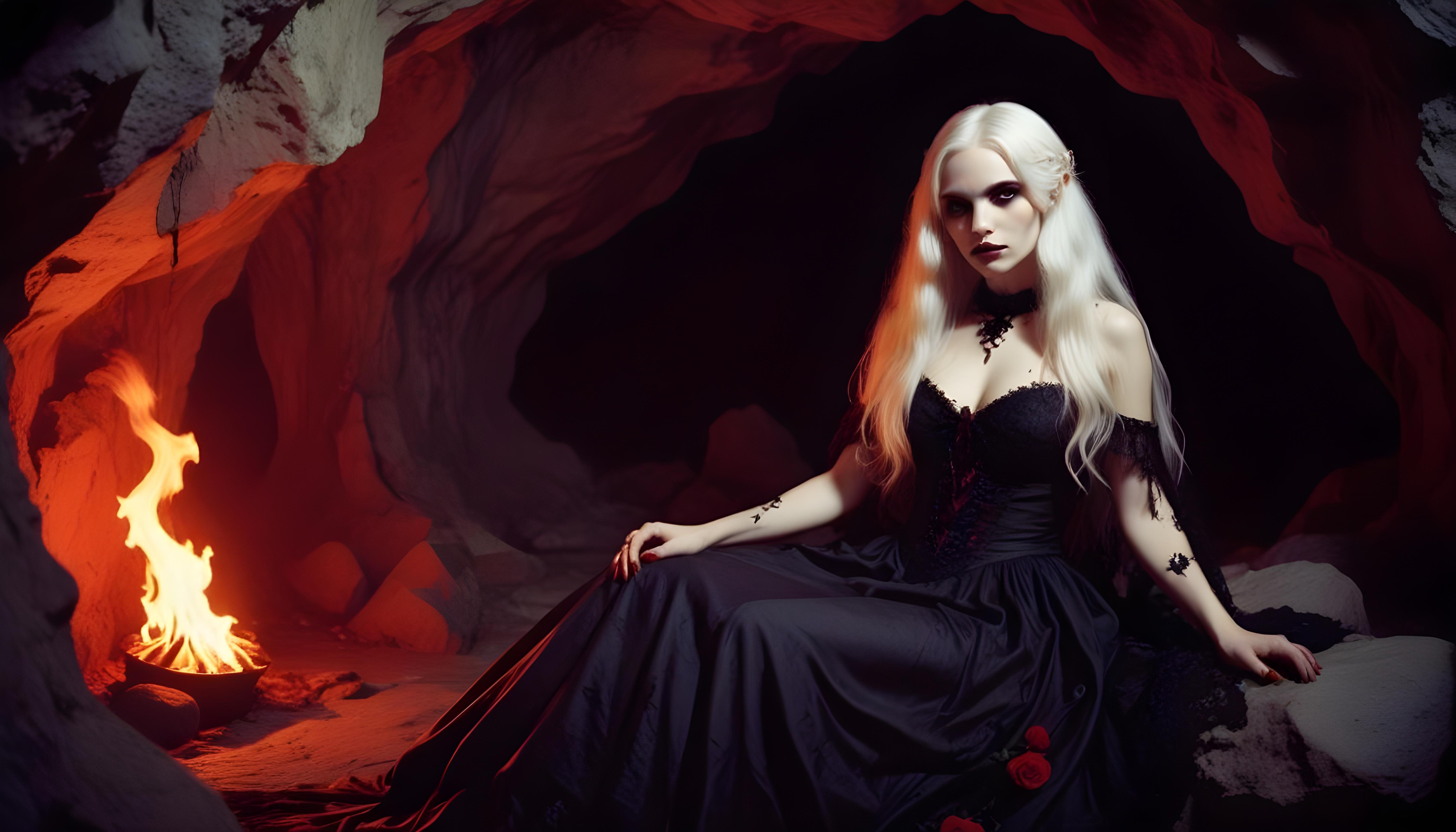 Mystical Vampire Queen Holding Red Rose in Dark Fantasy Gothic Setting