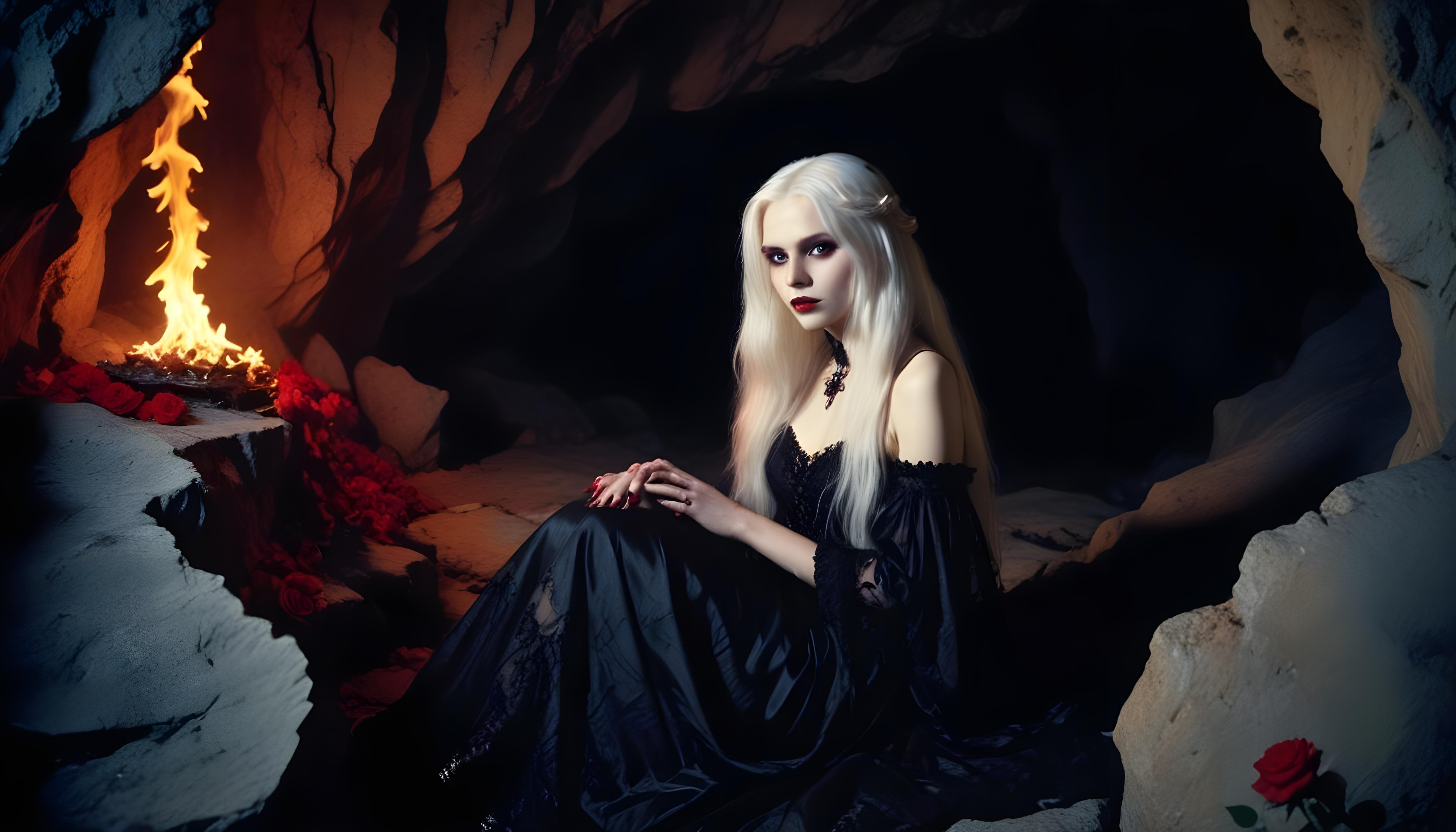 Mystical Vampire Queen Holding Red Rose in Dark Fantasy Gothic Setting