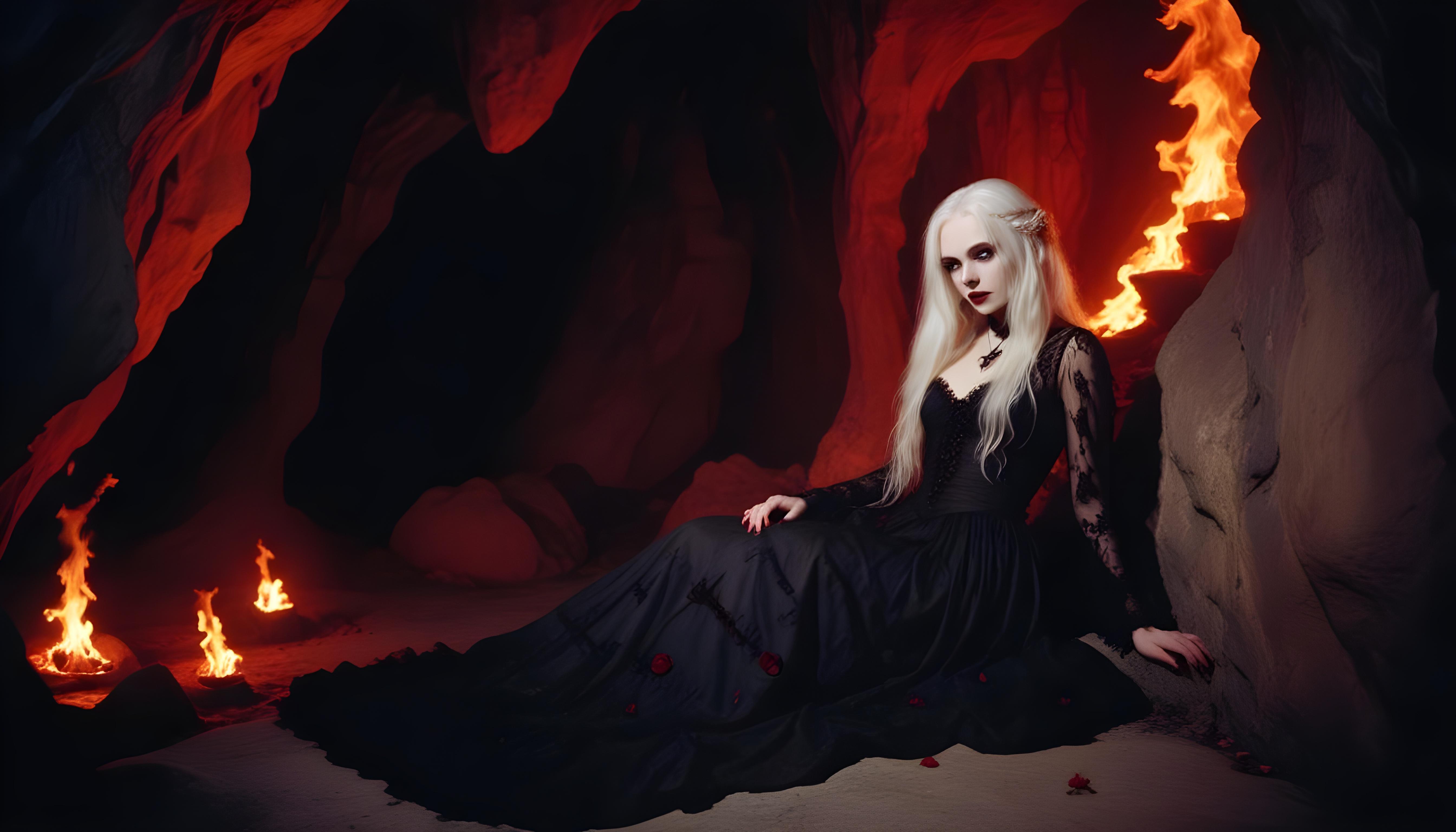 Mystical Vampire Queen Holding Red Rose in Dark Fantasy Gothic Setting