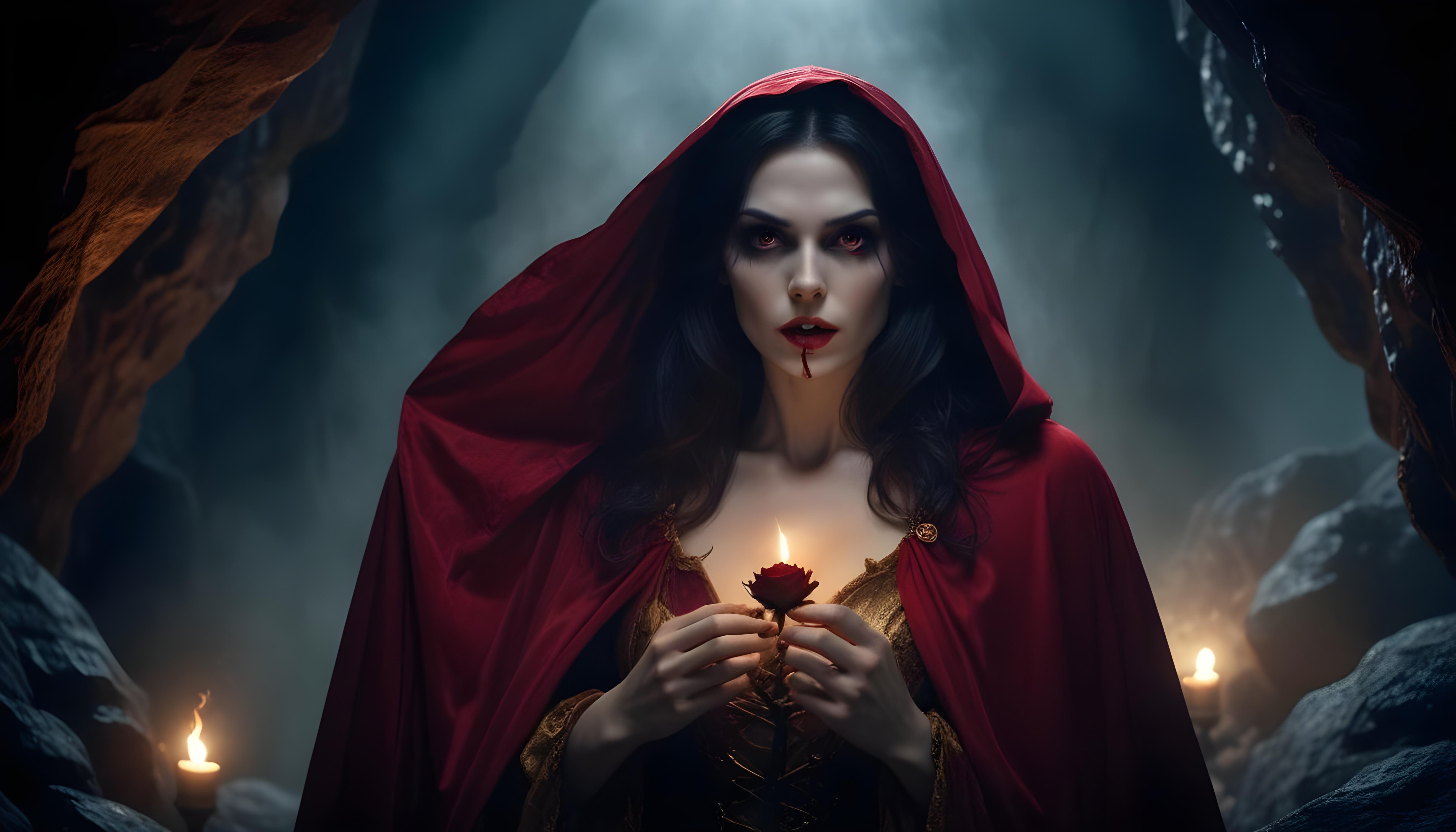 Mystical Vampire Queen Holding Red Rose in Dark Fantasy Gothic Setting