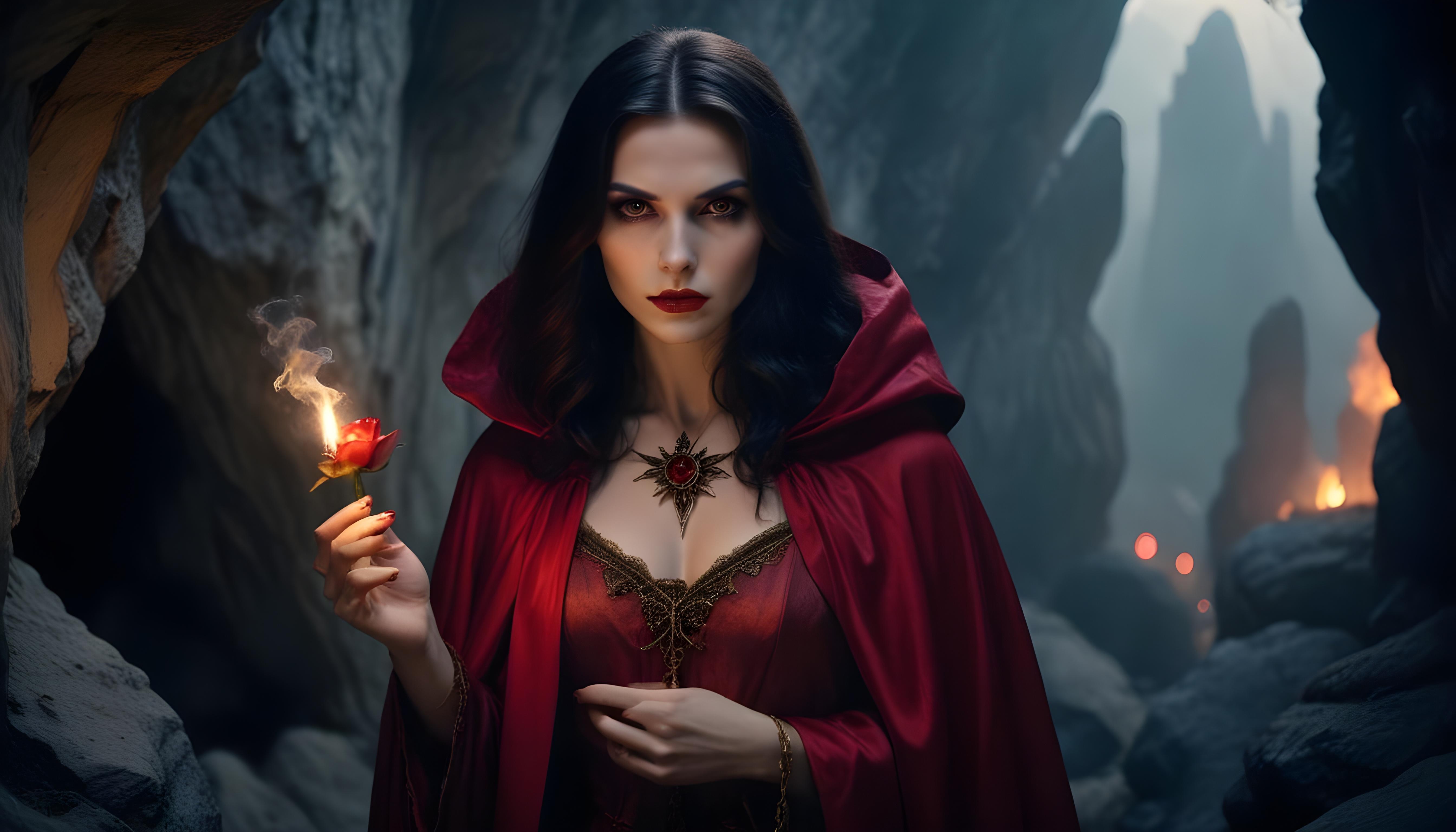 Mystical Vampire Queen Holding Red Rose in Dark Fantasy Gothic Setting