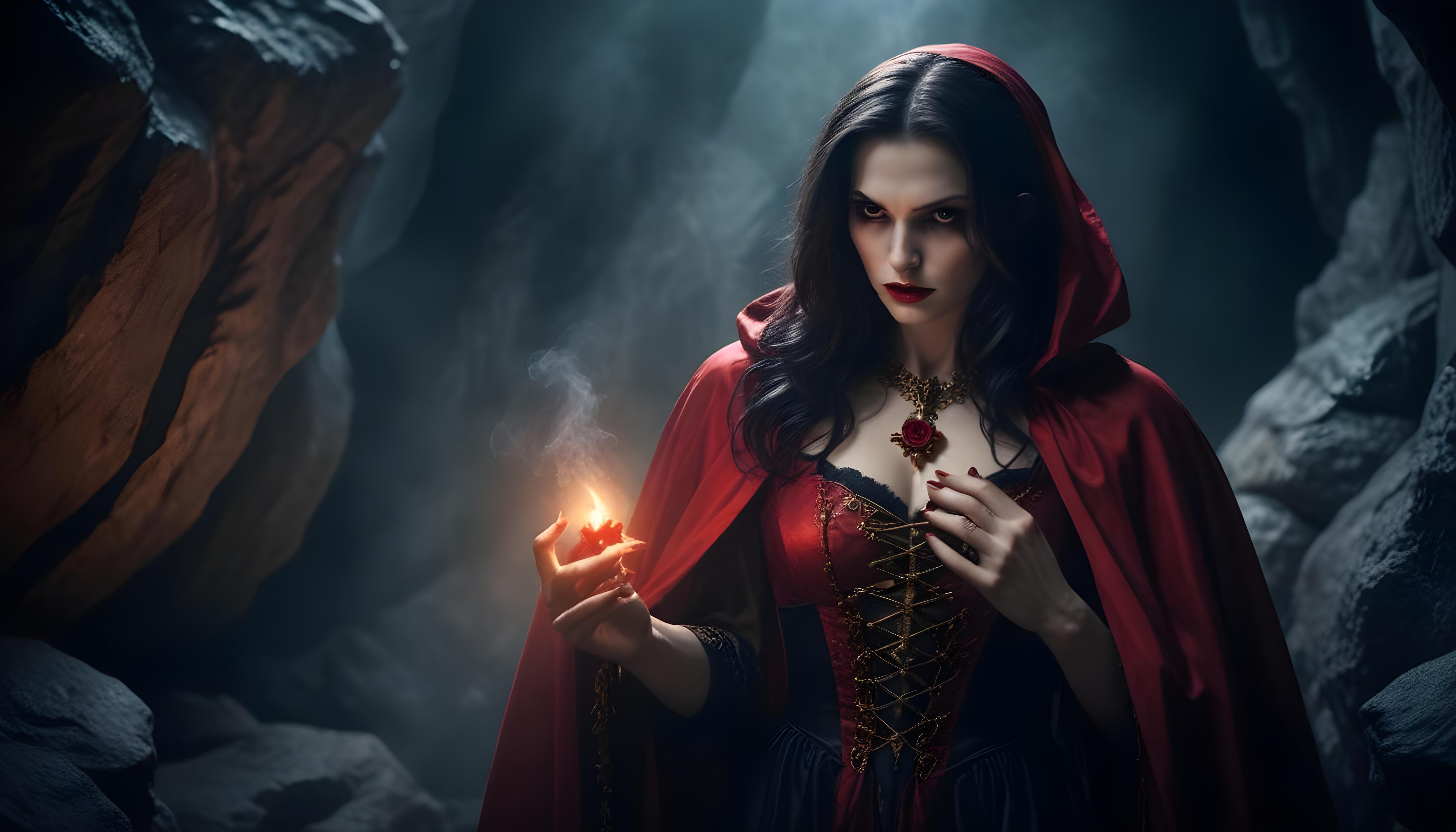 Mystical Vampire Queen Holding Red Rose in Dark Fantasy Gothic Setting