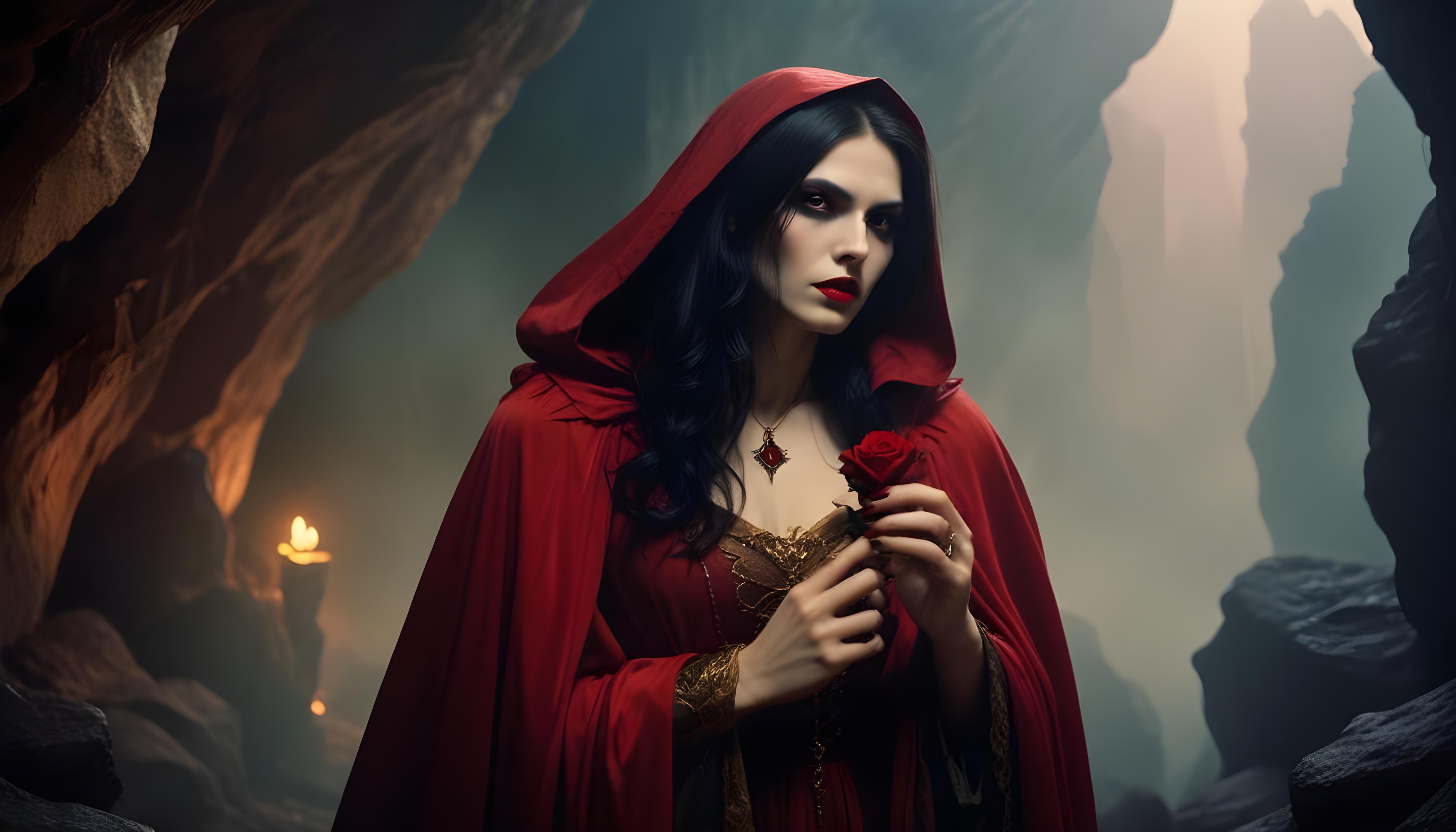 Mystical Vampire Queen Holding Red Rose in Dark Fantasy Gothic Setting