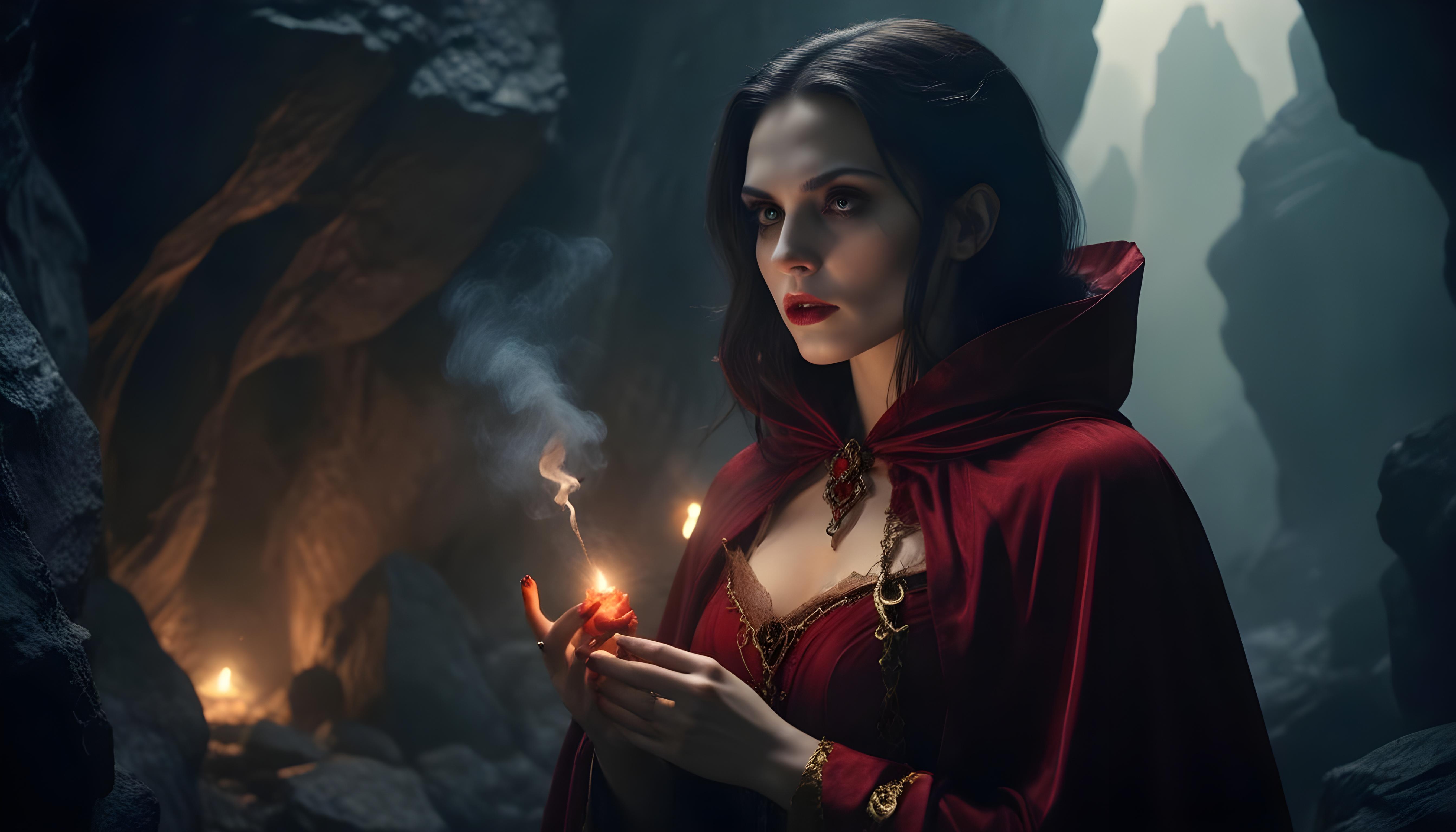 Mystical Vampire Queen Holding Red Rose in Dark Fantasy Gothic Setting