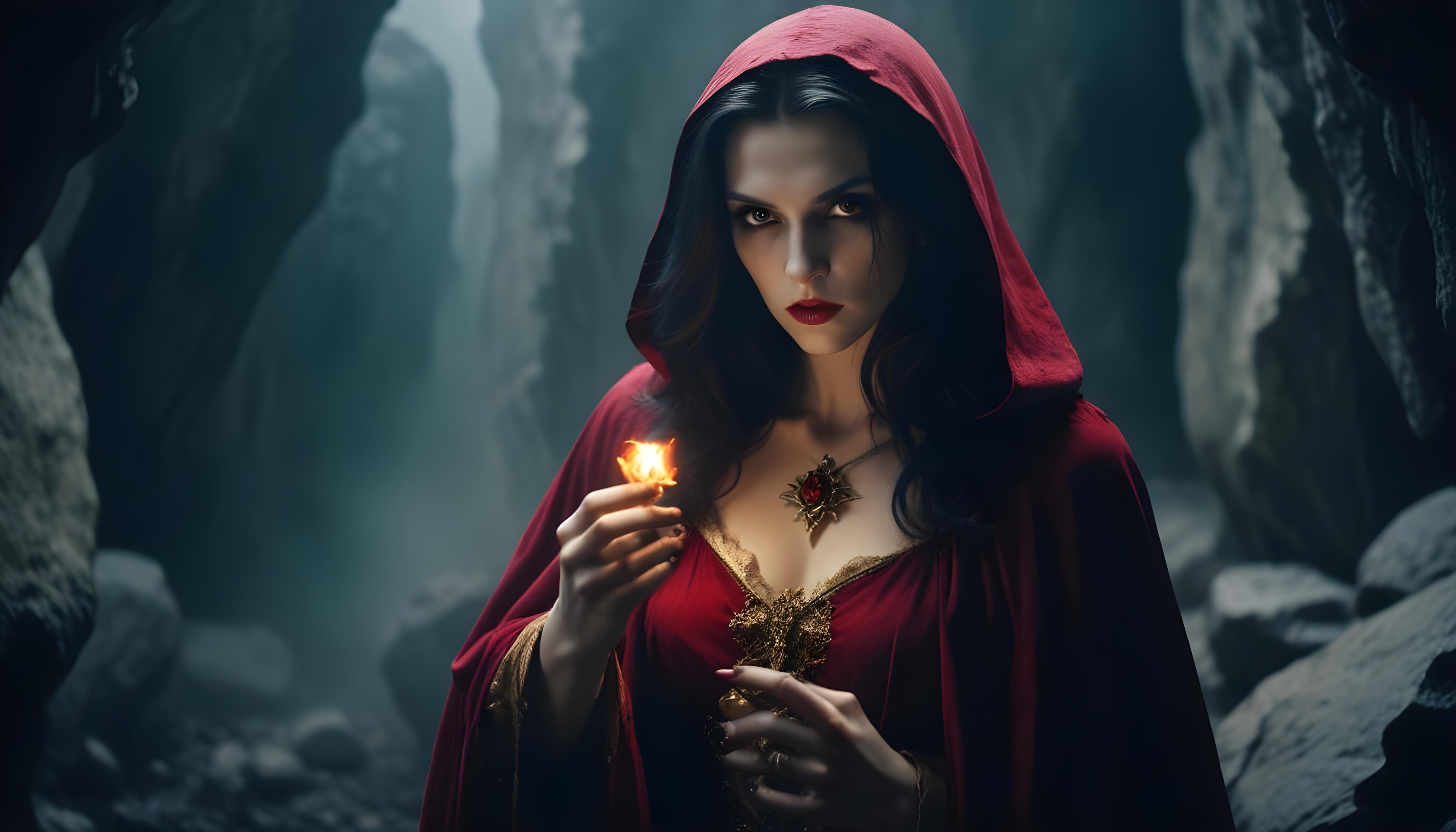 Mystical Vampire Queen Holding Red Rose in Dark Fantasy Gothic Setting