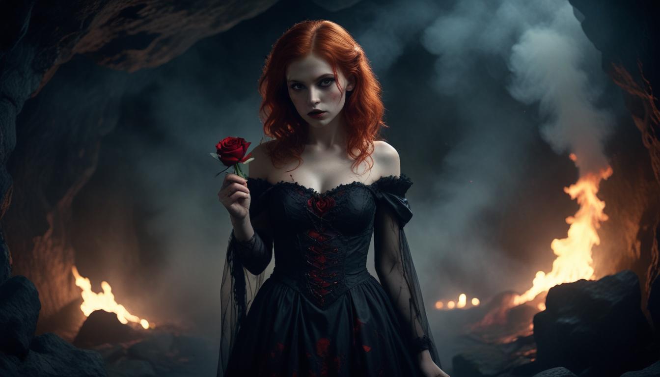 Mystical Vampire Queen Holding Red Rose in Dark Fantasy Gothic Setting