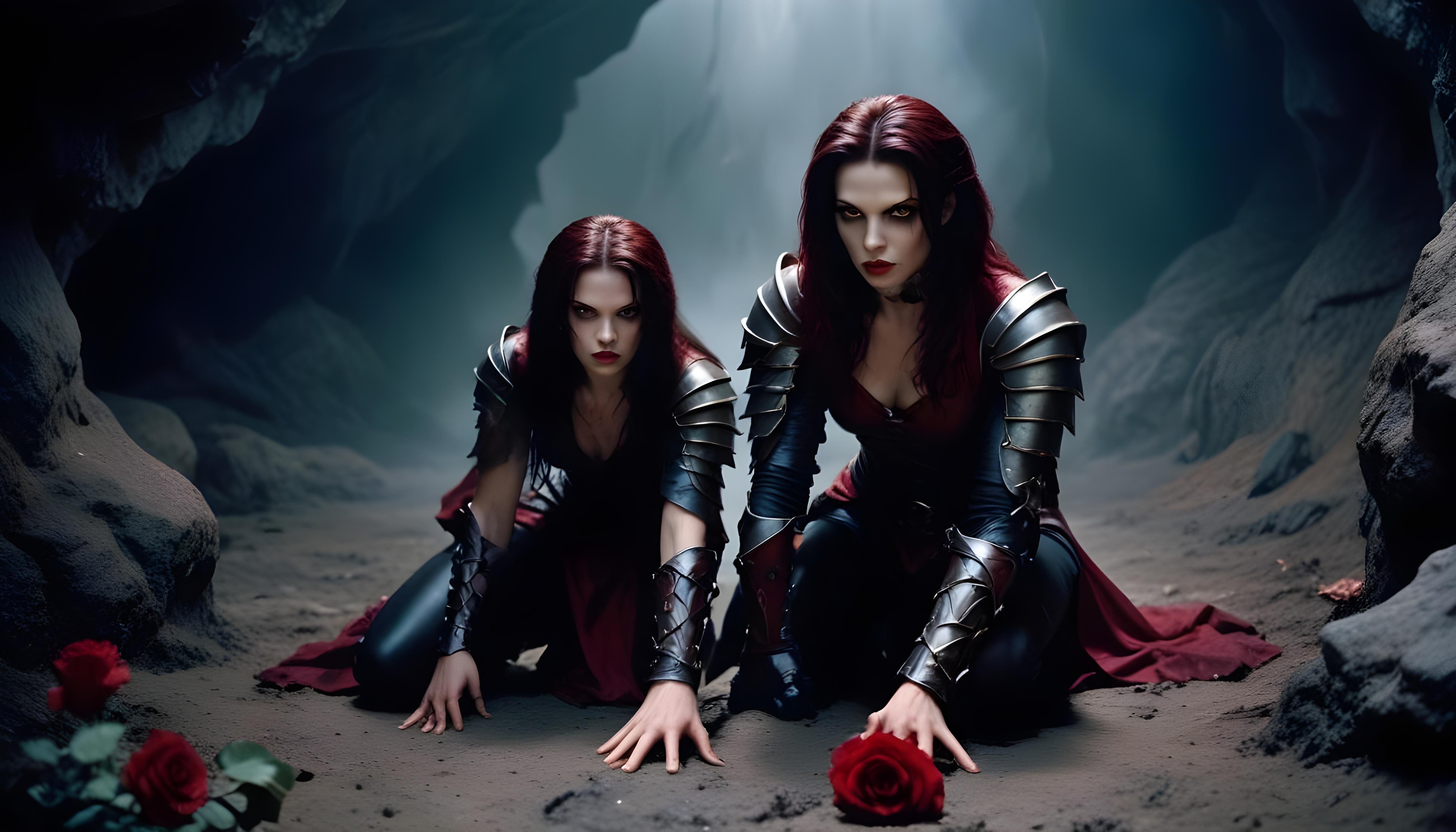 Mystical Vampire Queen Holding Red Rose in Dark Fantasy Gothic Setting
