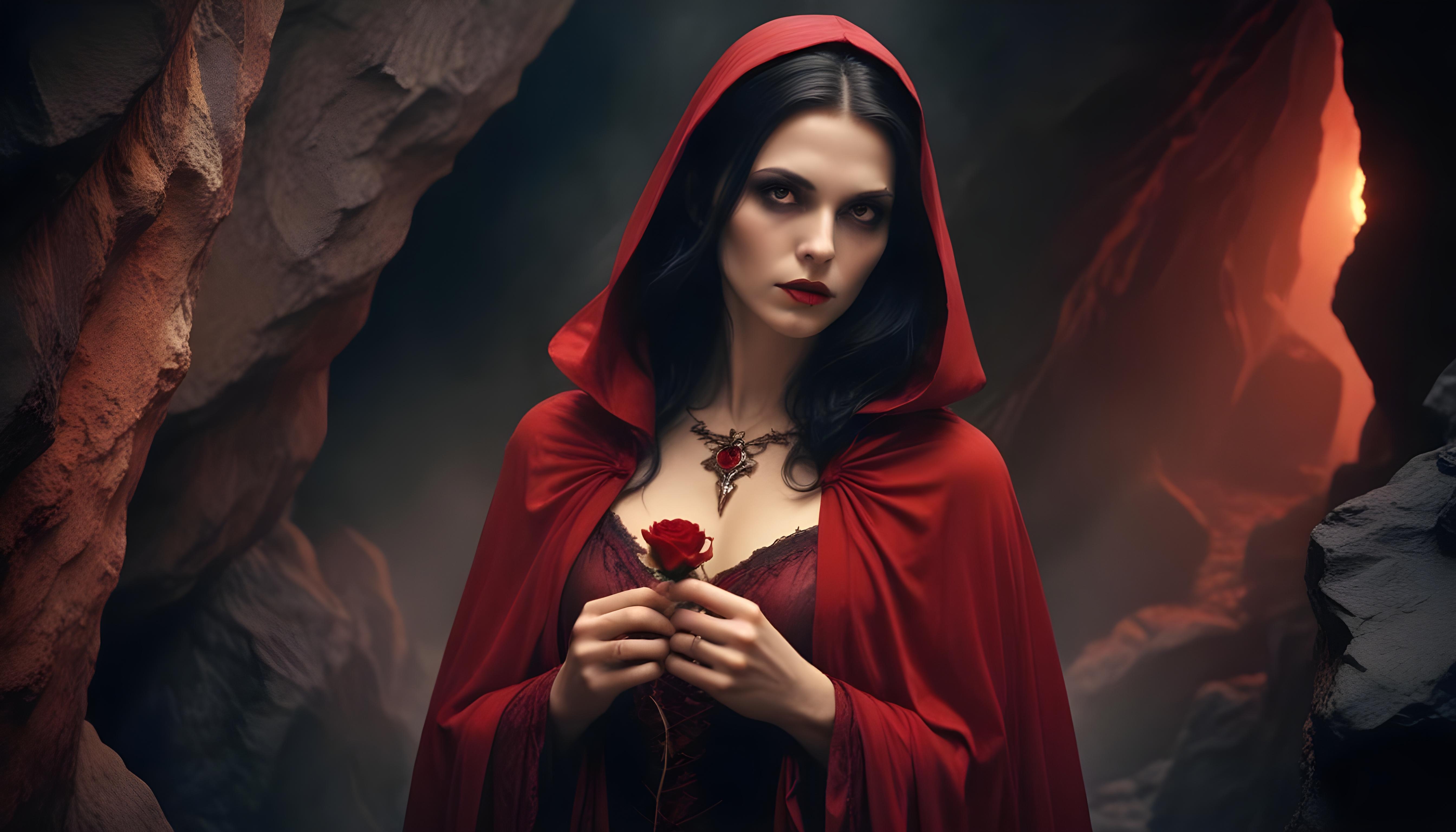 Mystical Vampire Queen Holding Red Rose in Dark Fantasy Gothic Setting
