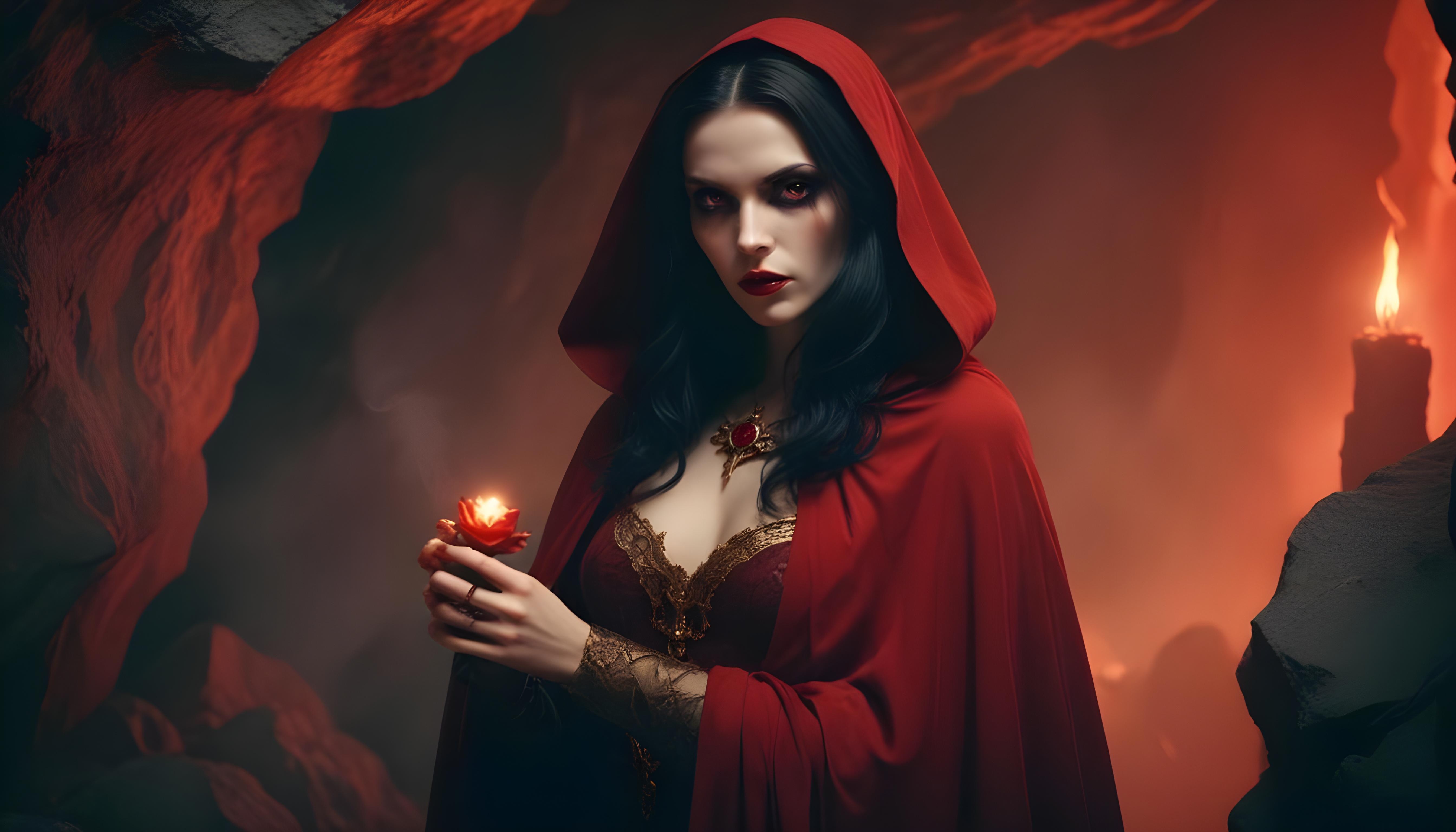 Mystical Vampire Queen Holding Red Rose in Dark Fantasy Gothic Setting