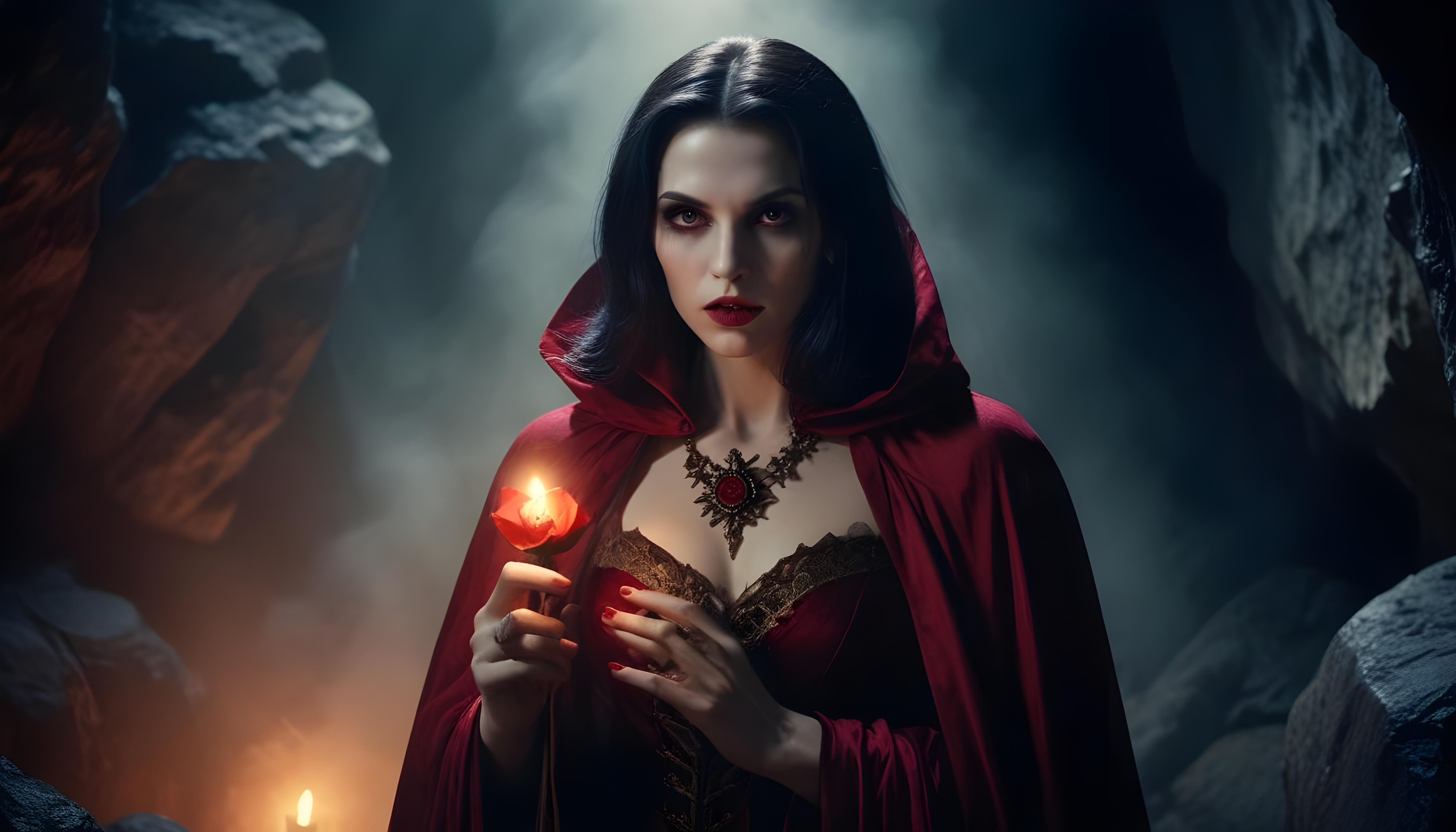 Mystical Vampire Queen Holding Red Rose in Dark Fantasy Gothic Setting