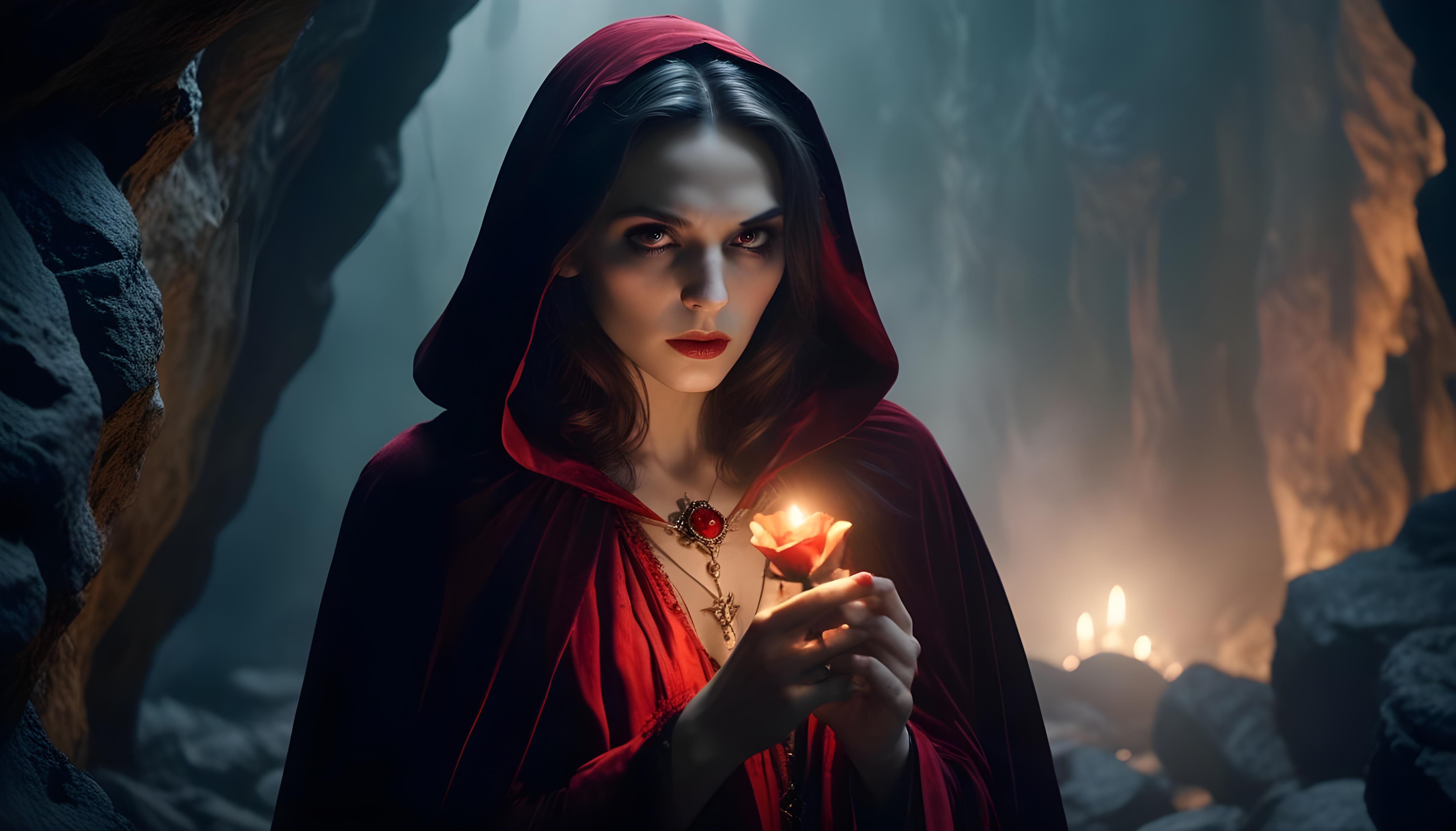 Mystical Vampire Queen Holding Red Rose in Dark Fantasy Gothic Setting