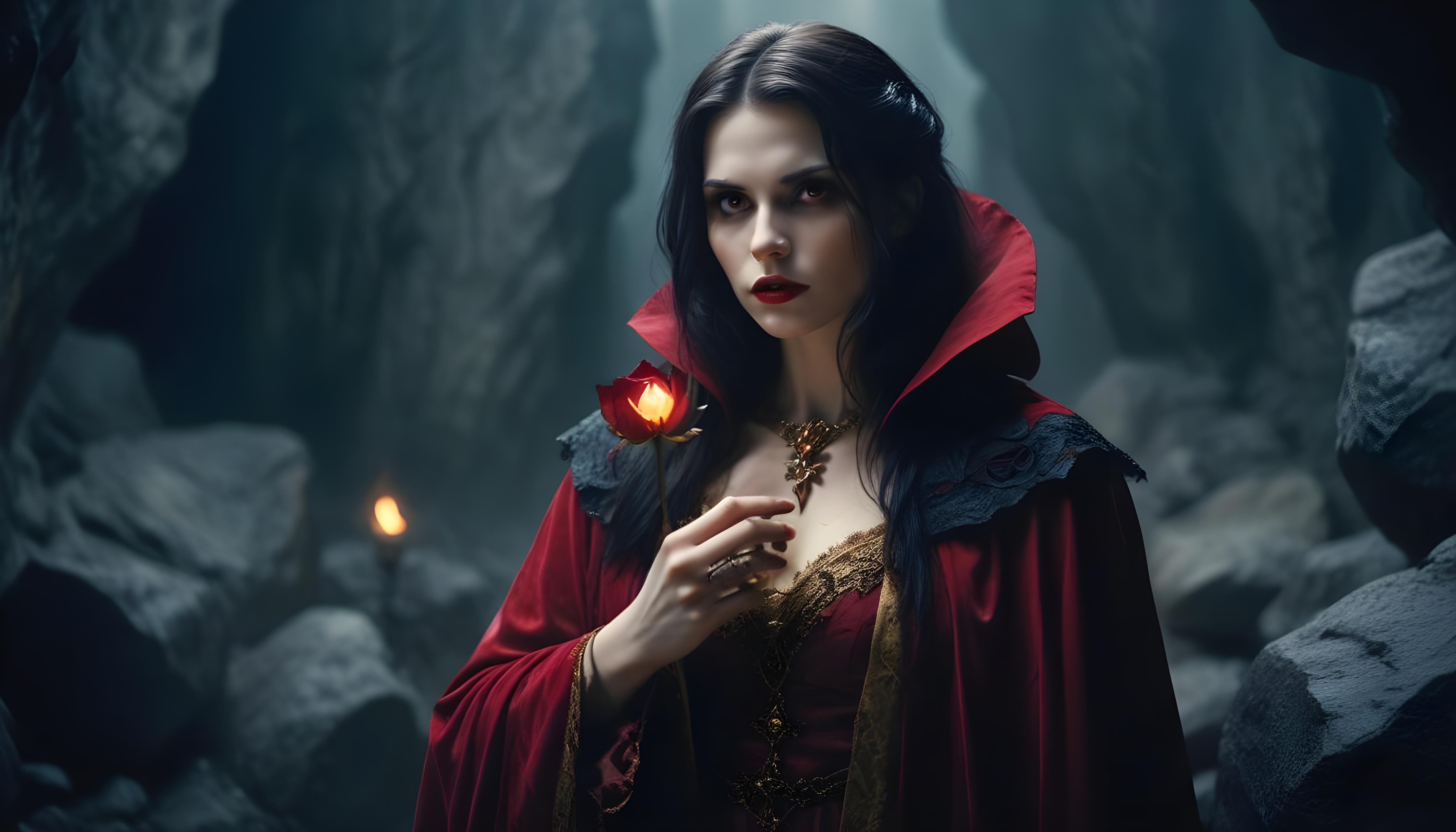 Mystical Vampire Queen Holding Red Rose in Dark Fantasy Gothic Setting