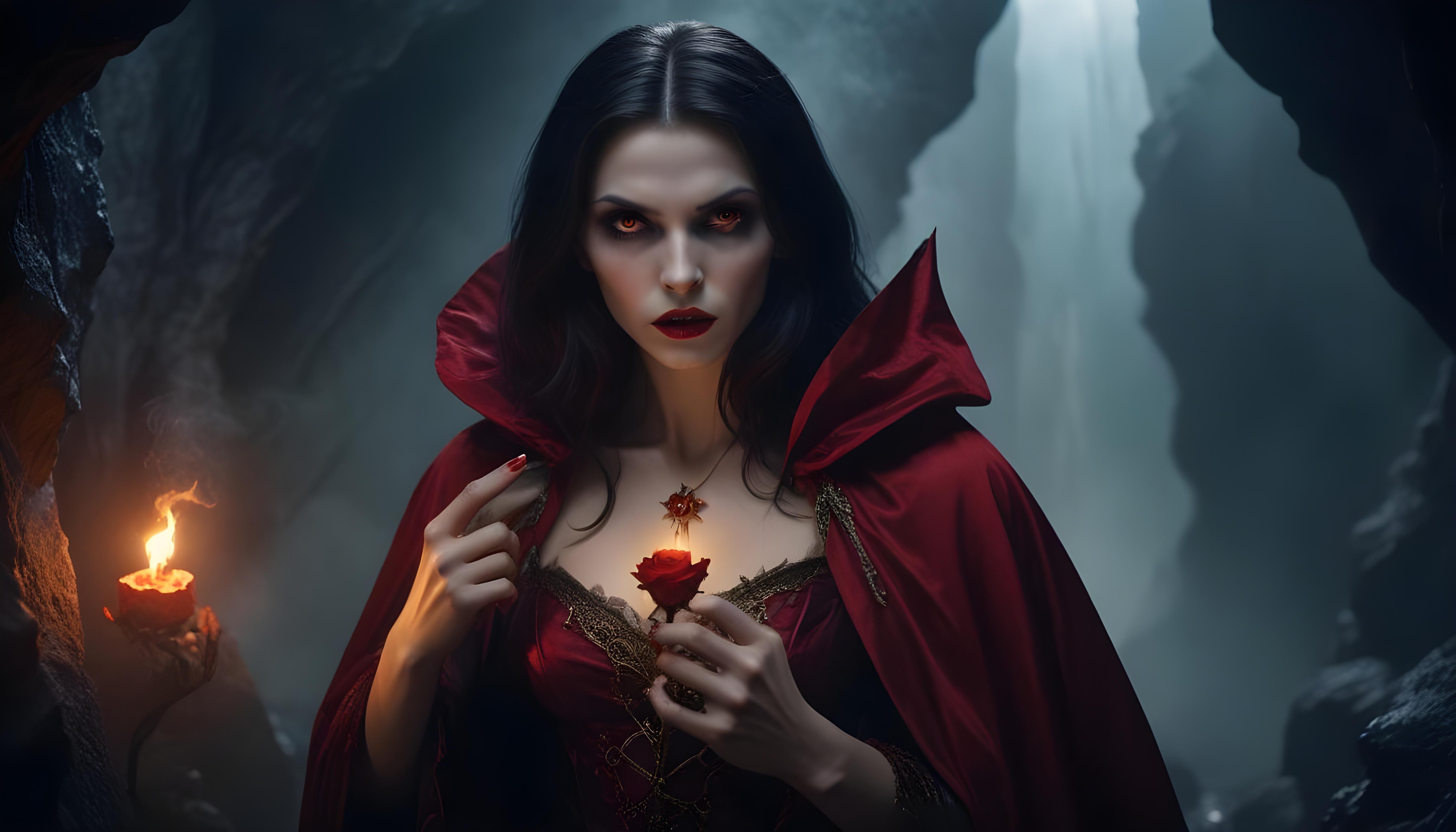 Mystical Vampire Queen Holding Red Rose in Dark Fantasy Gothic Setting