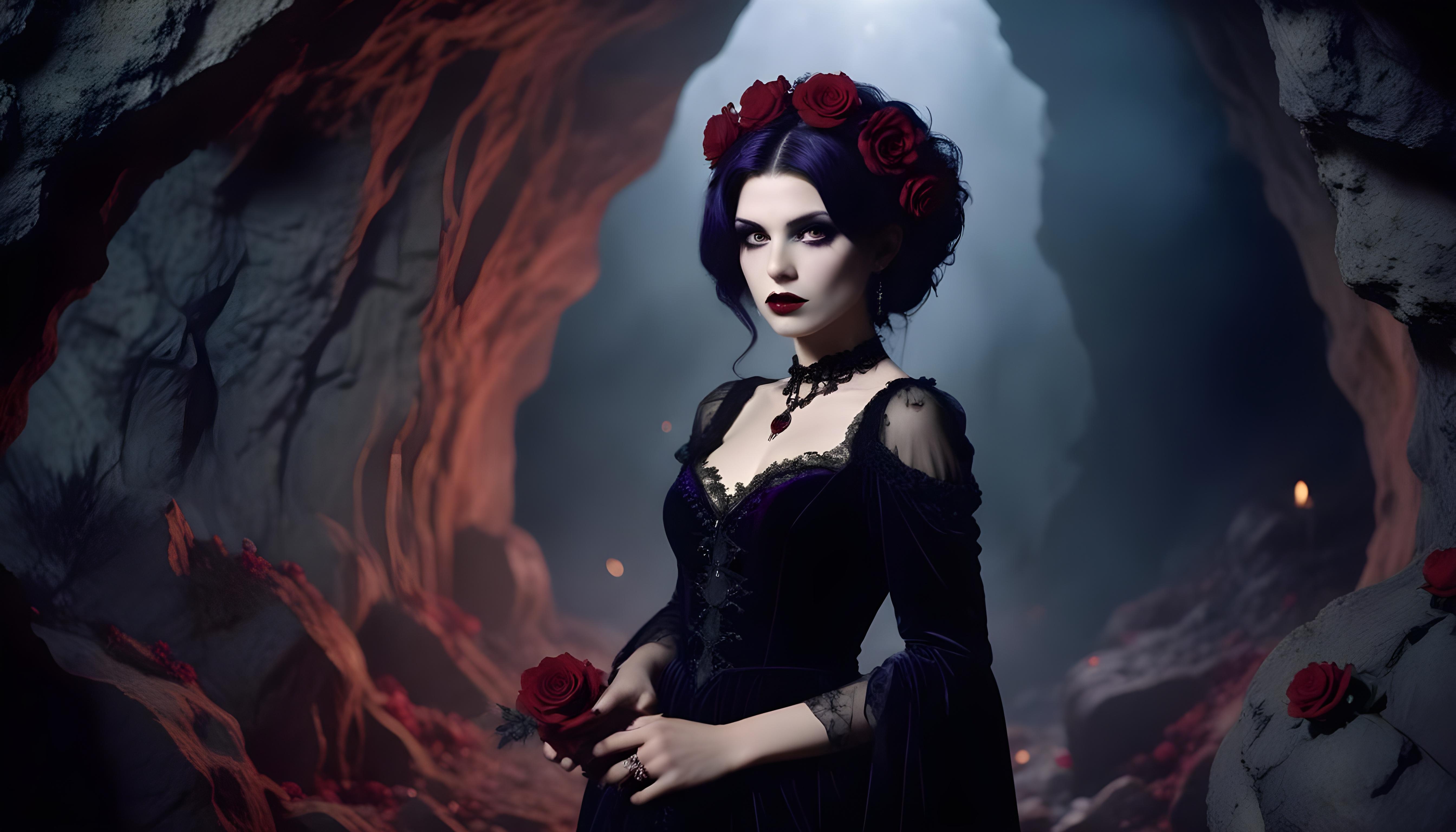 Mystical Vampire Queen Holding Red Rose in Dark Fantasy Gothic Setting