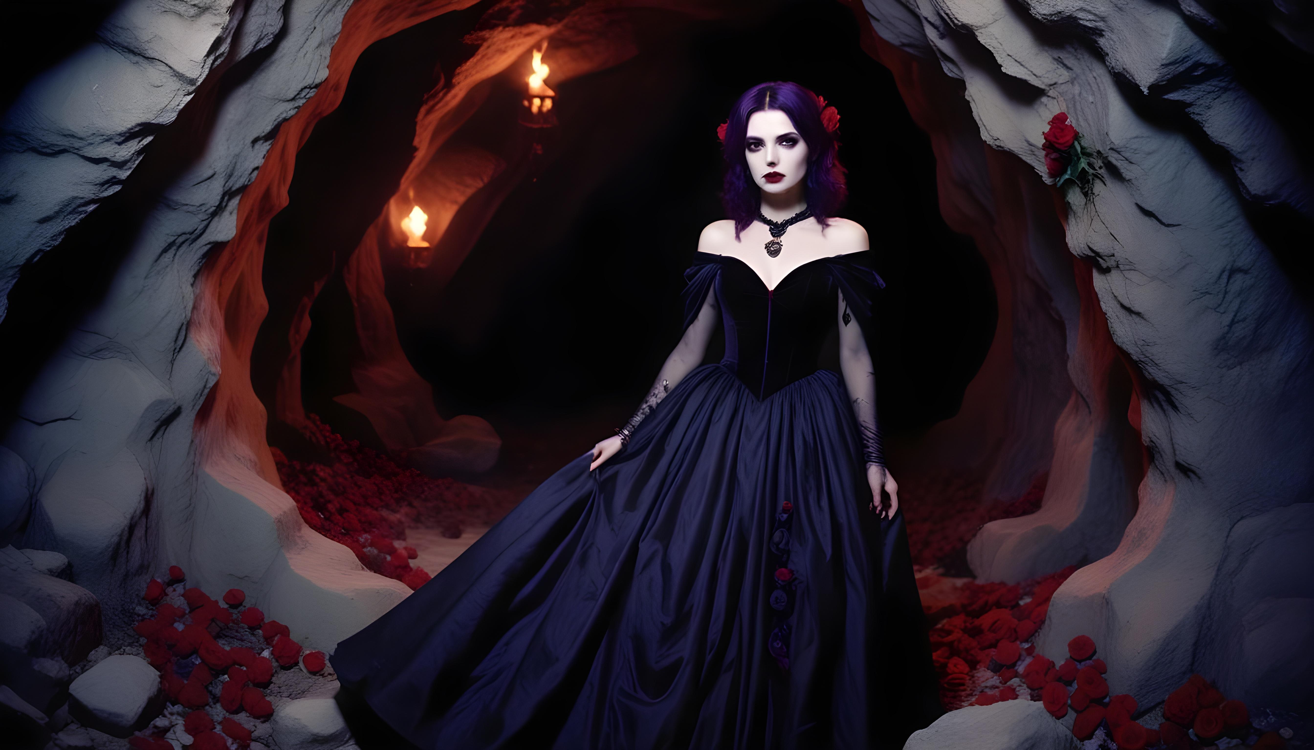 Mystical Vampire Queen Holding Red Rose in Dark Fantasy Gothic Setting
