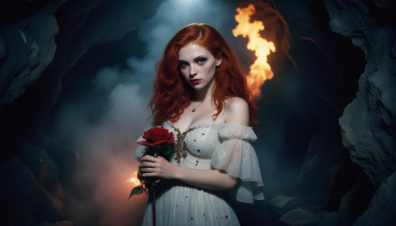 Mystical Vampire Queen Holding Red Rose in Dark Fantasy Gothic Setting
