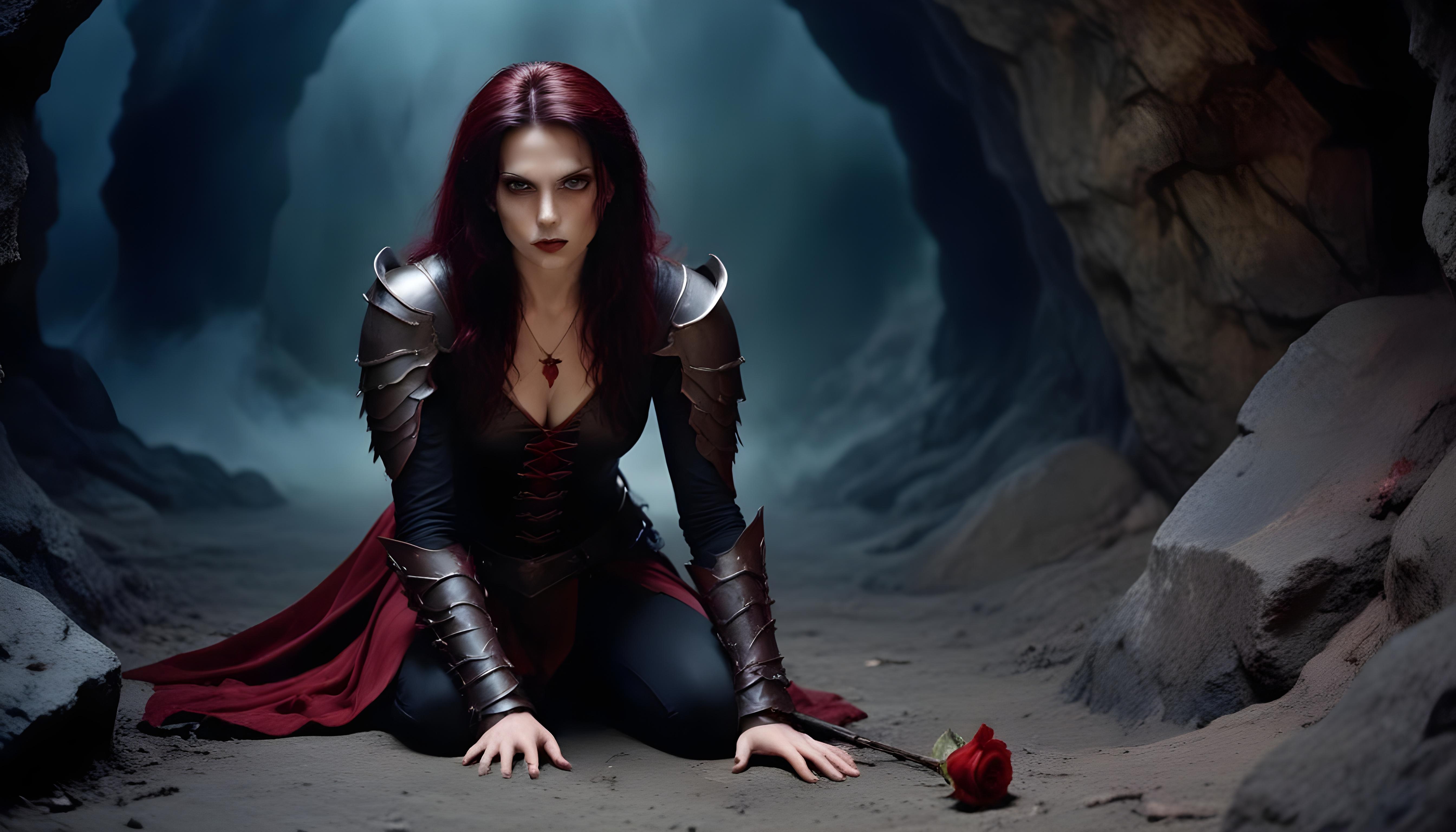 Mystical Vampire Queen Holding Red Rose in Dark Fantasy Gothic Setting