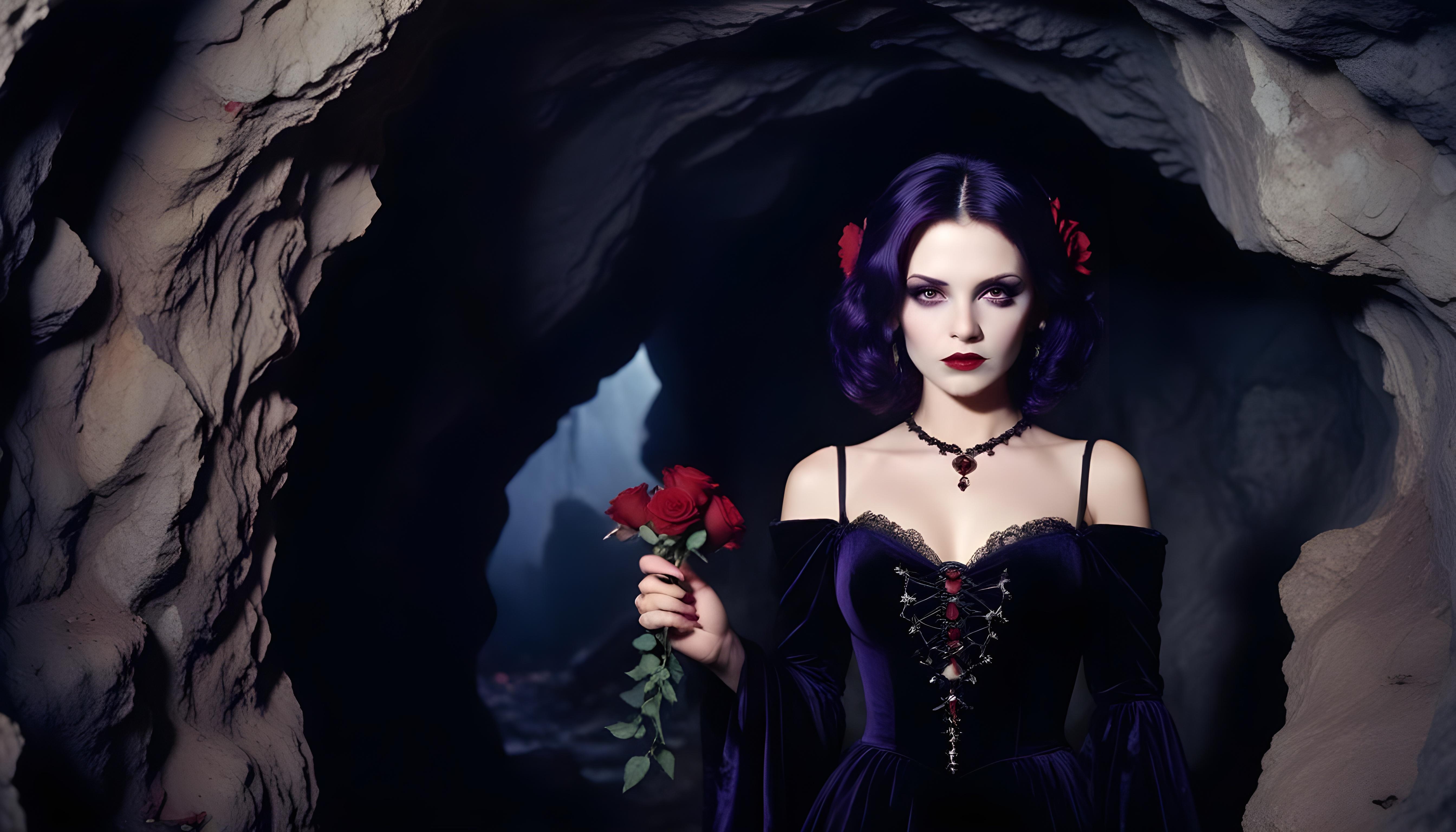 Mystical Vampire Queen Holding Red Rose in Dark Fantasy Gothic Setting