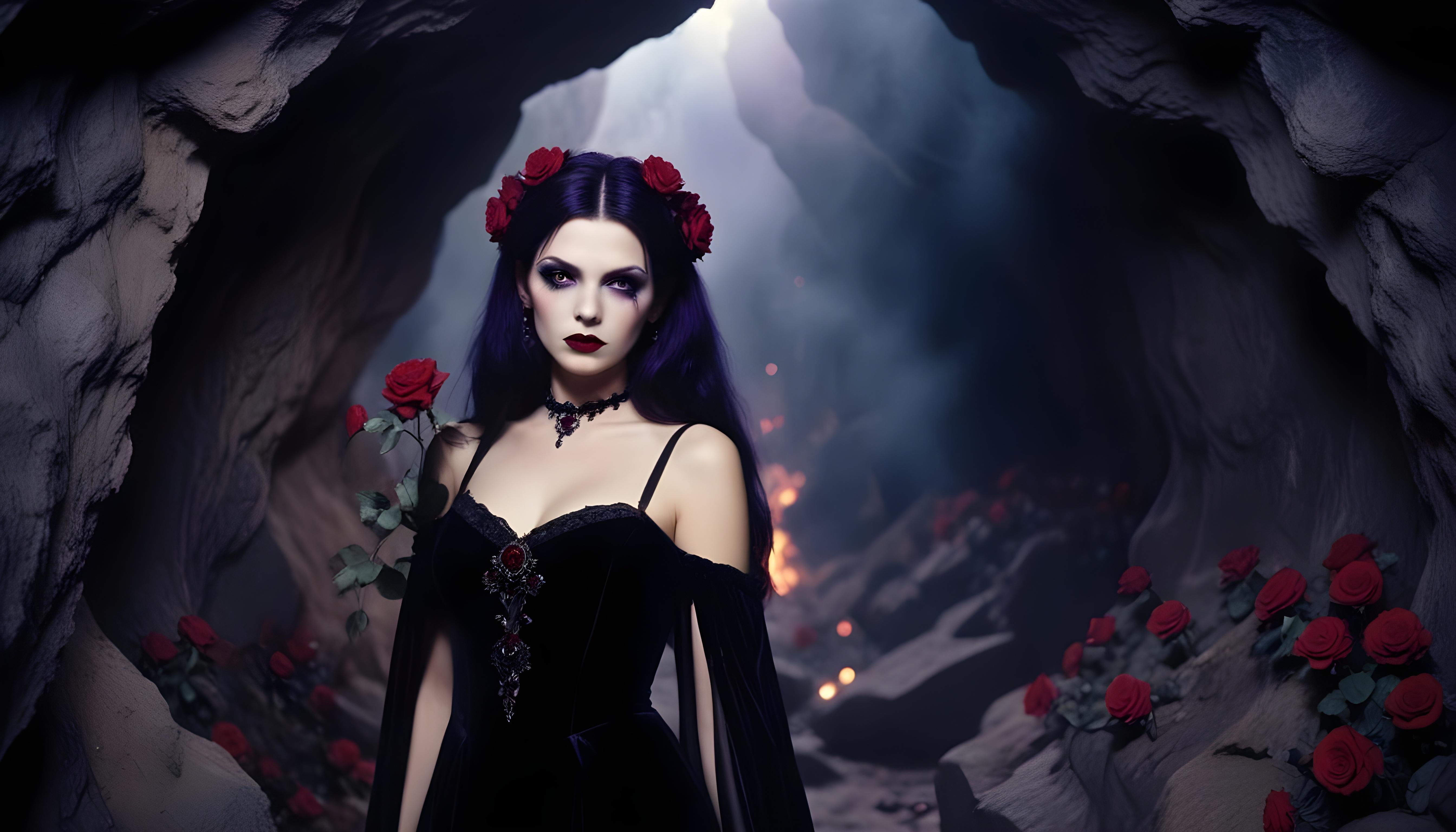 Mystical Vampire Queen Holding Red Rose in Dark Fantasy Gothic Setting