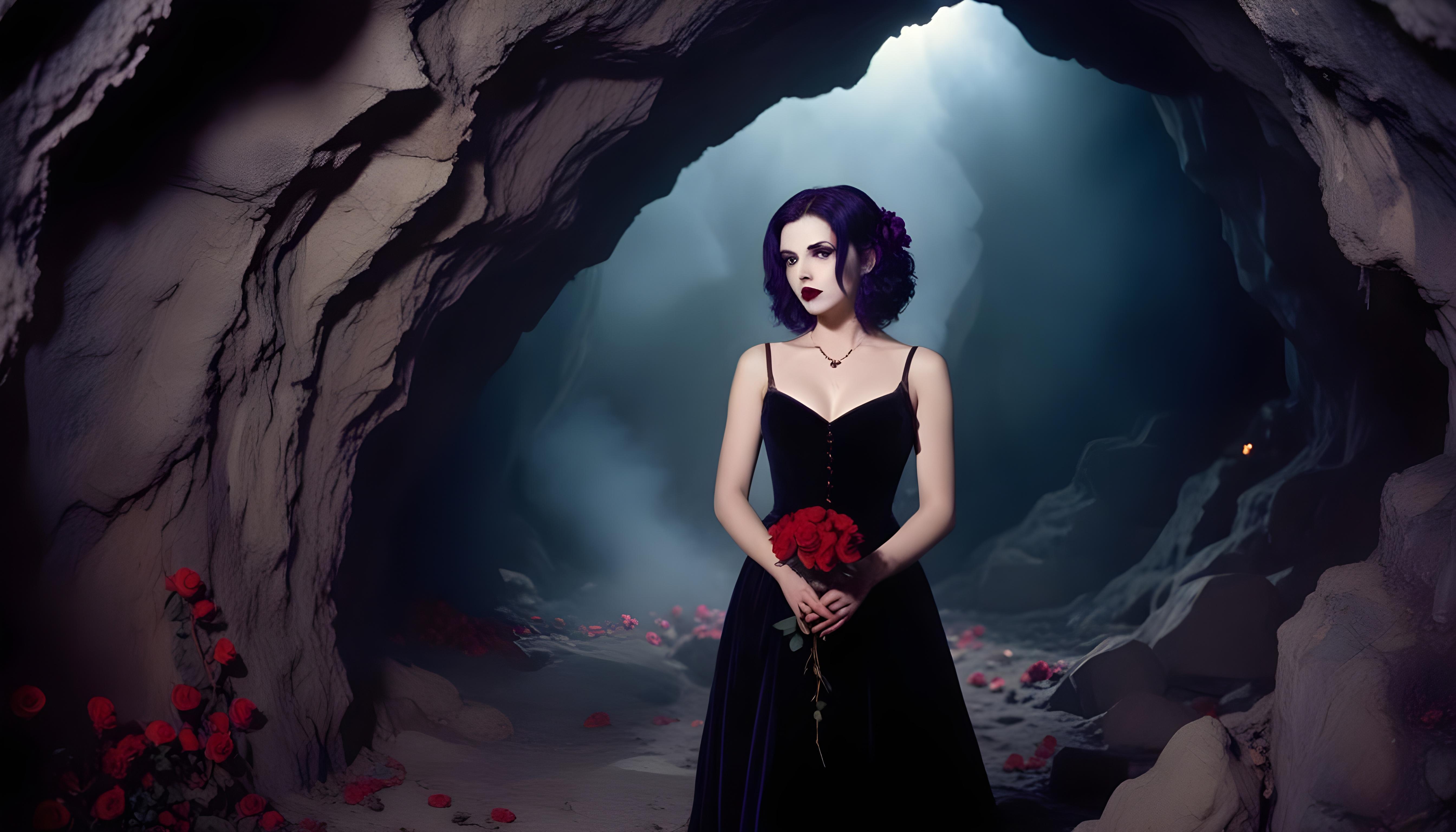 Mystical Vampire Queen Holding Red Rose in Dark Fantasy Gothic Setting