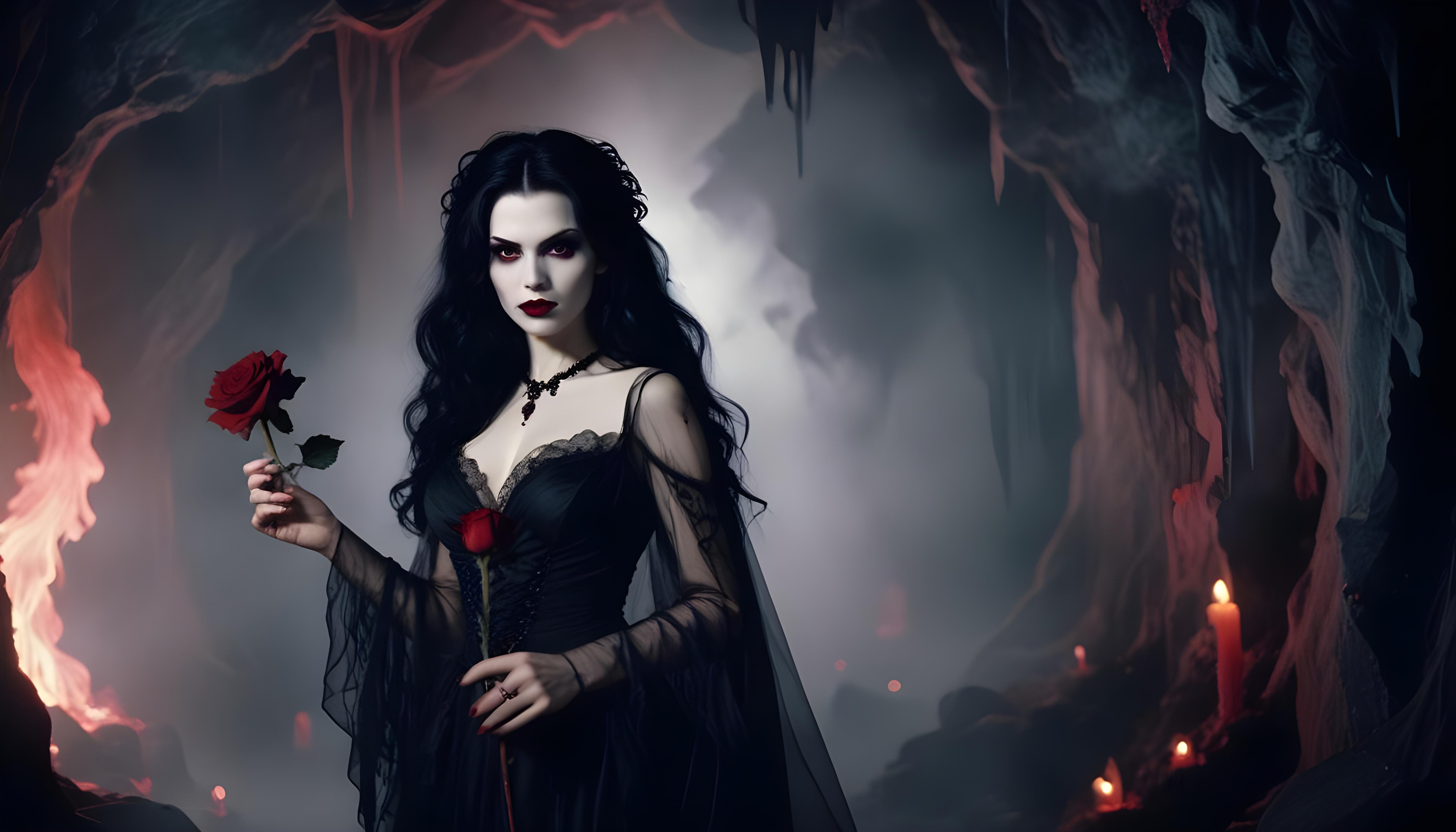 Mystical Vampire Queen Holding Red Rose in Dark Fantasy Gothic Setting