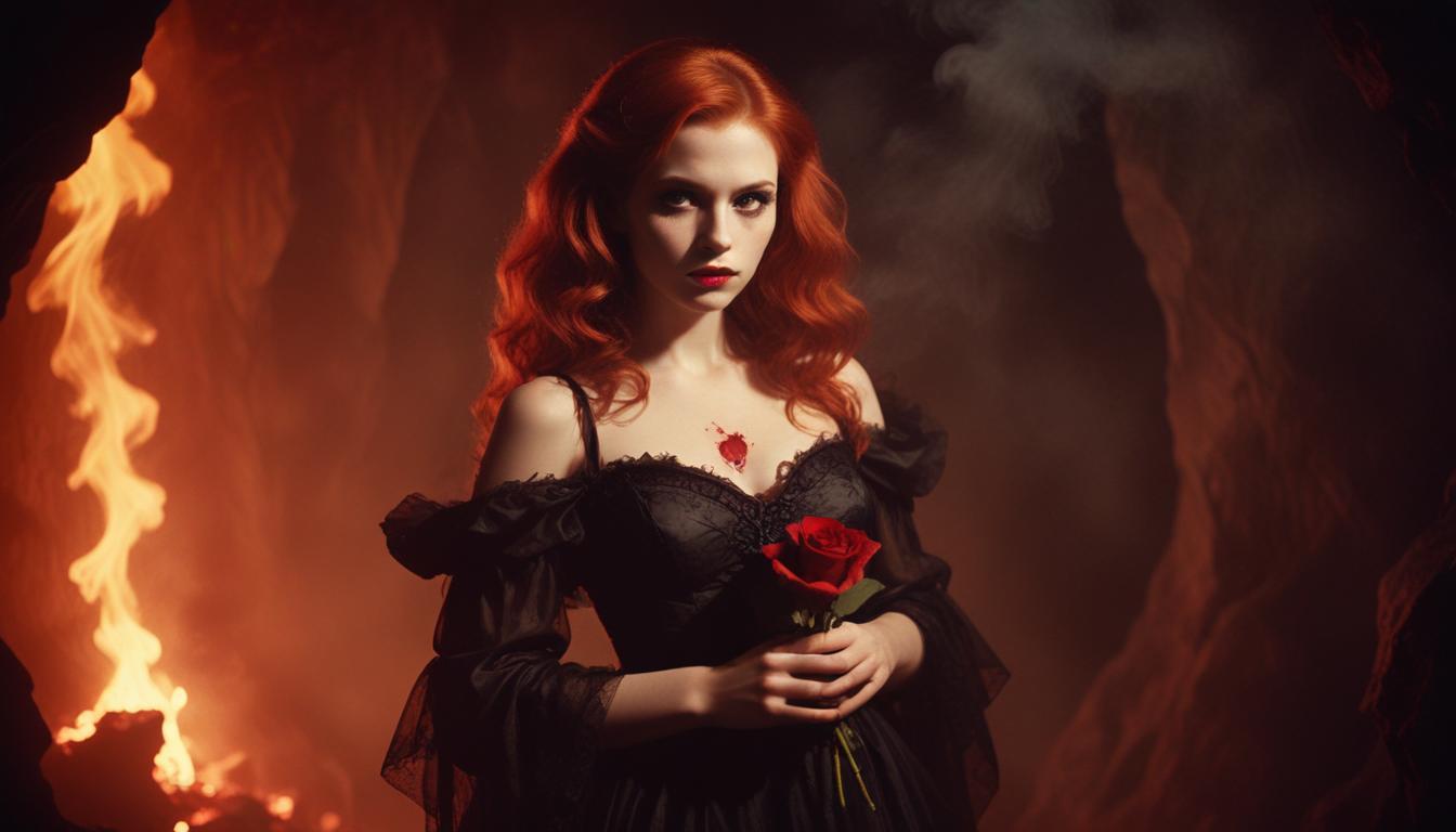 Mystical Vampire Queen Holding Red Rose in Dark Fantasy Gothic Setting