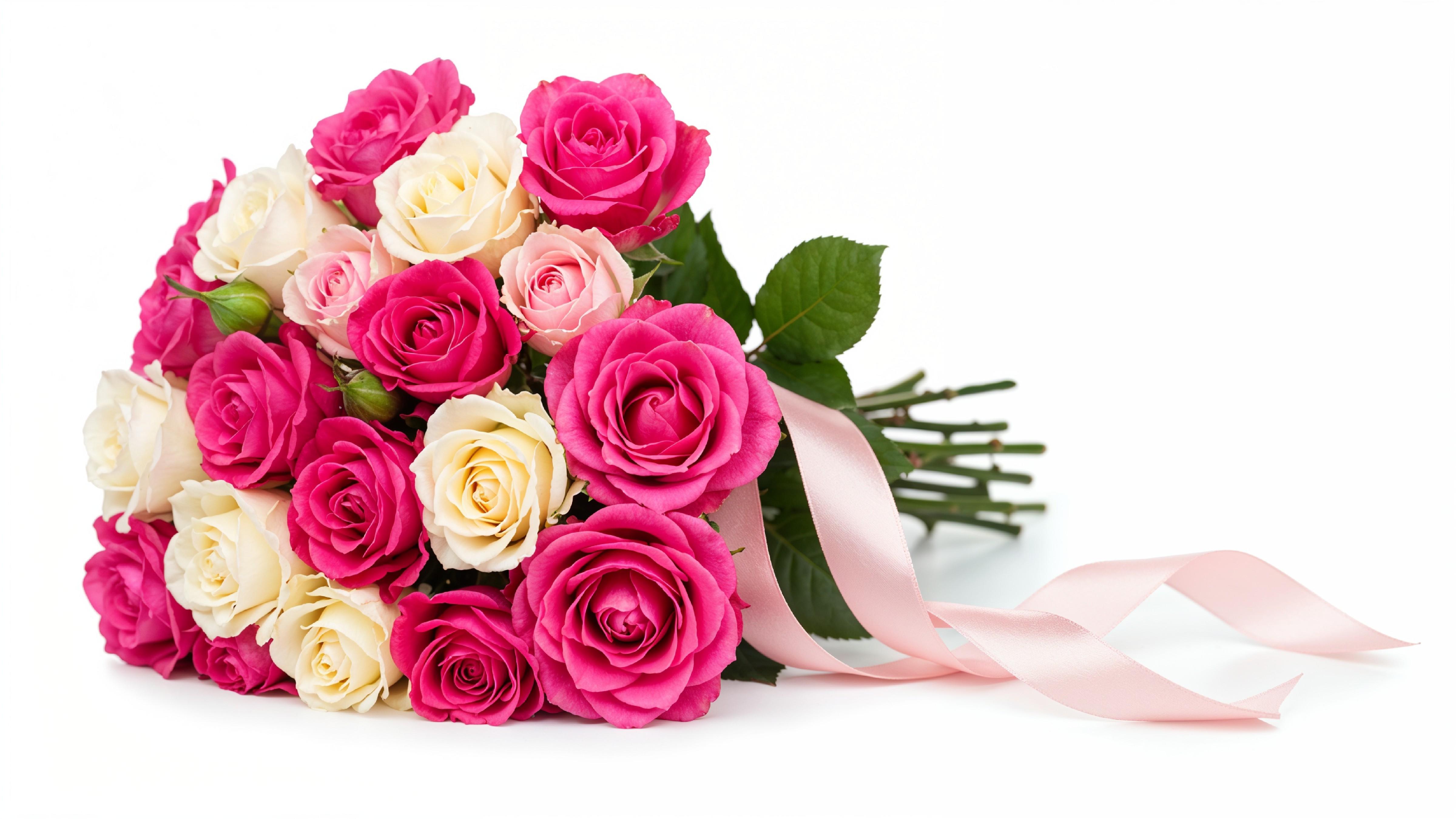 Romantic Pink and White Rose Bouquet with Ribbon