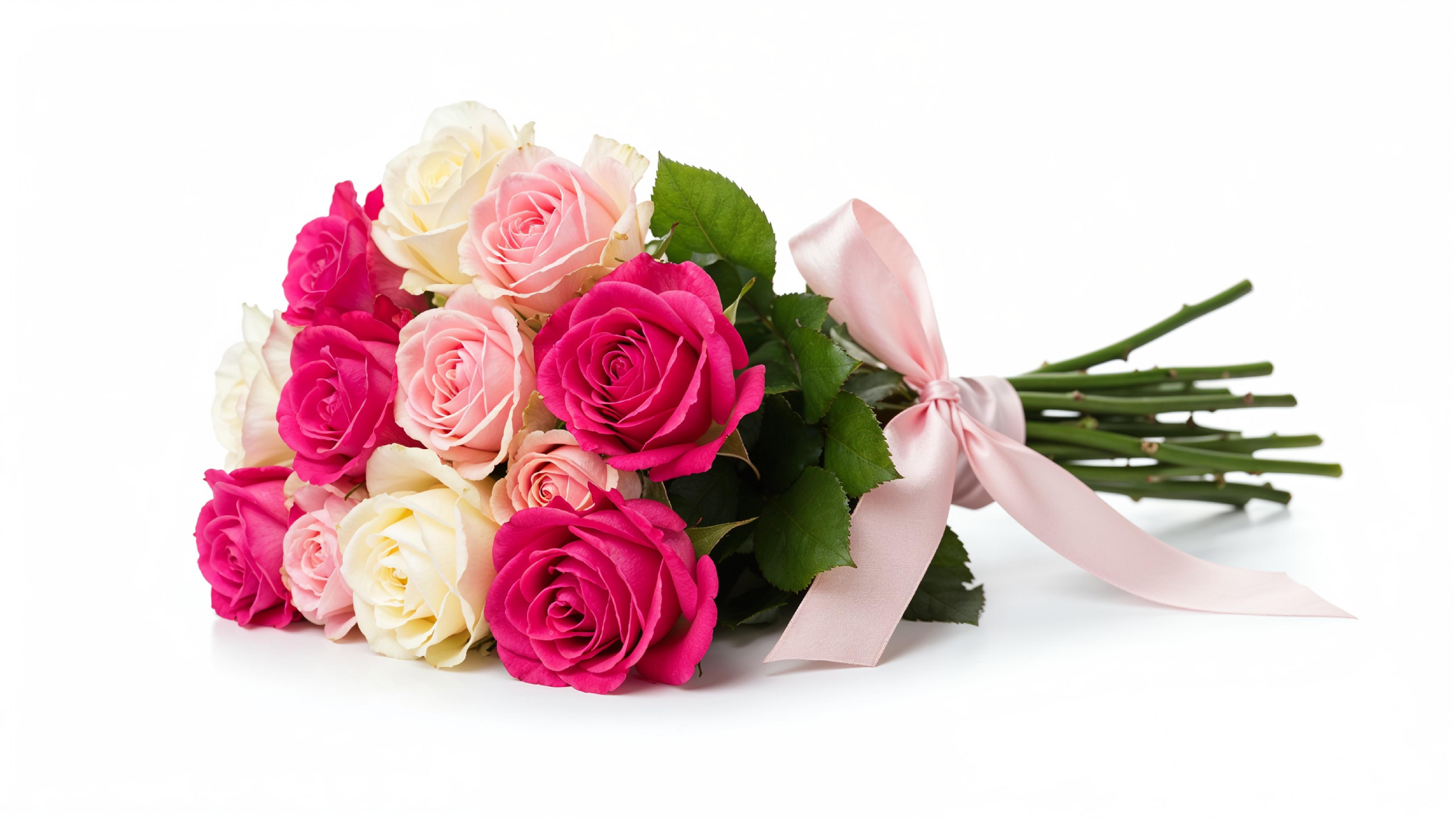 Romantic Pink and White Rose Bouquet with Ribbon