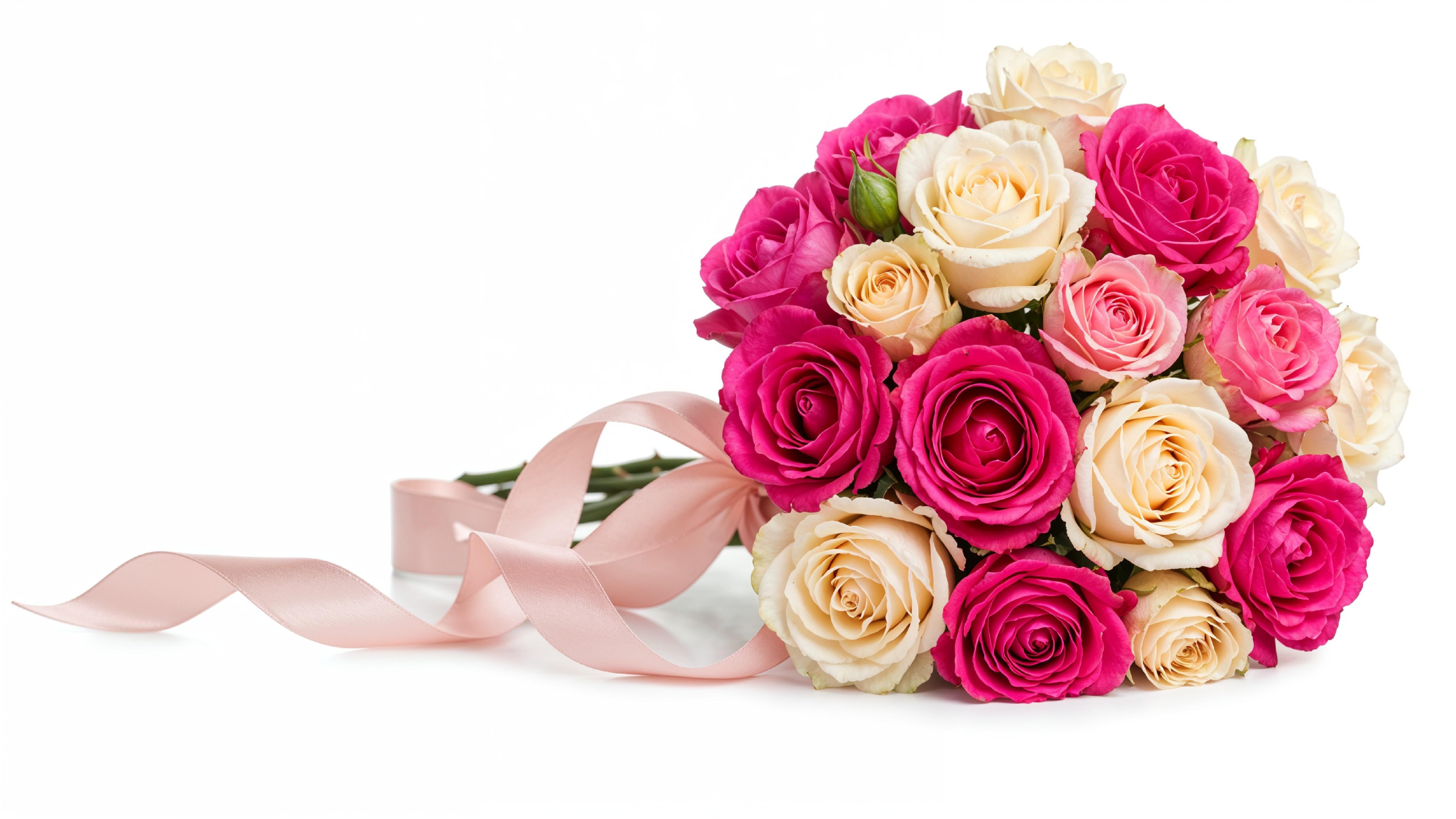 Romantic Pink and White Rose Bouquet with Ribbon