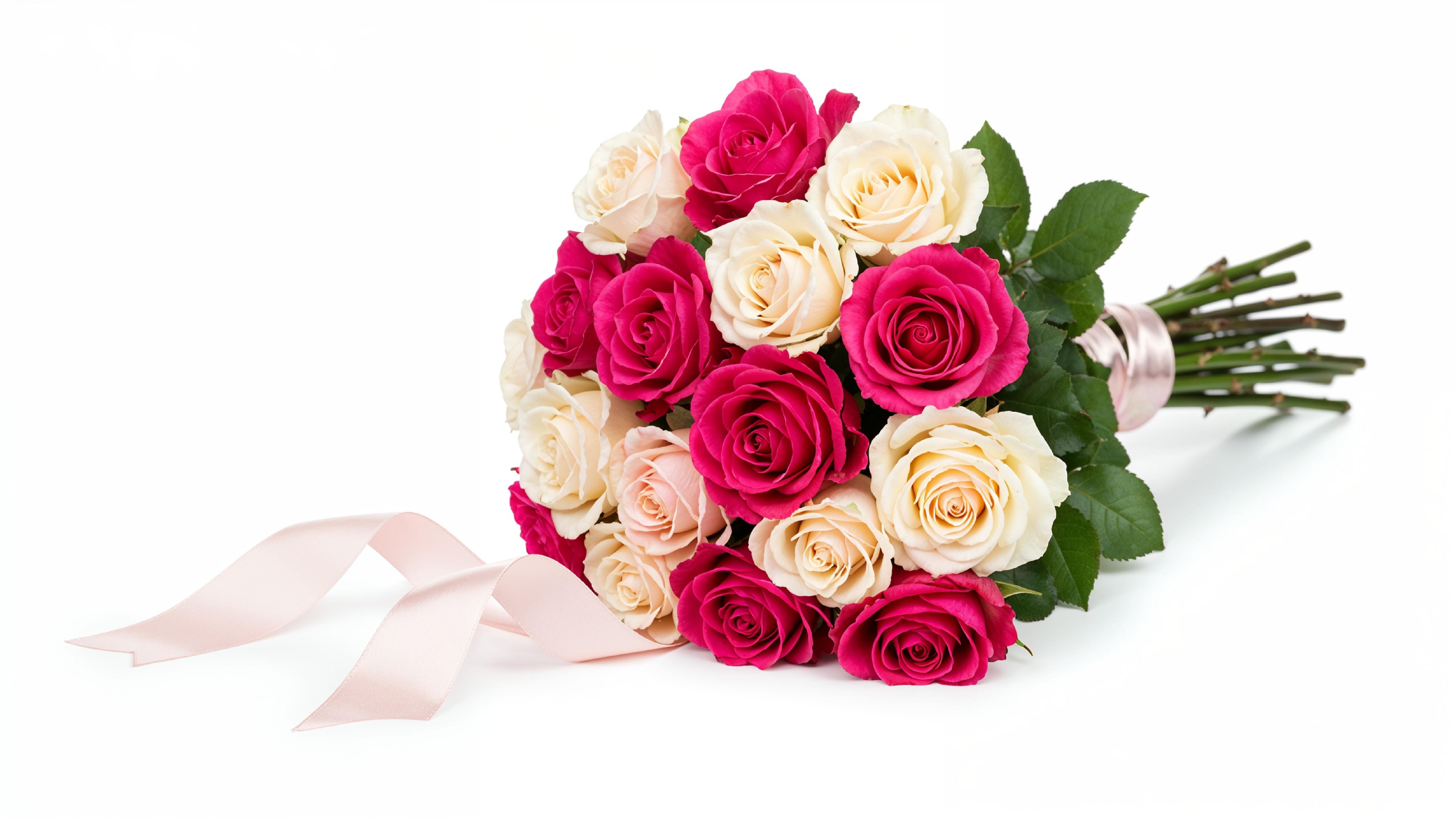 Romantic Pink and White Rose Bouquet with Ribbon