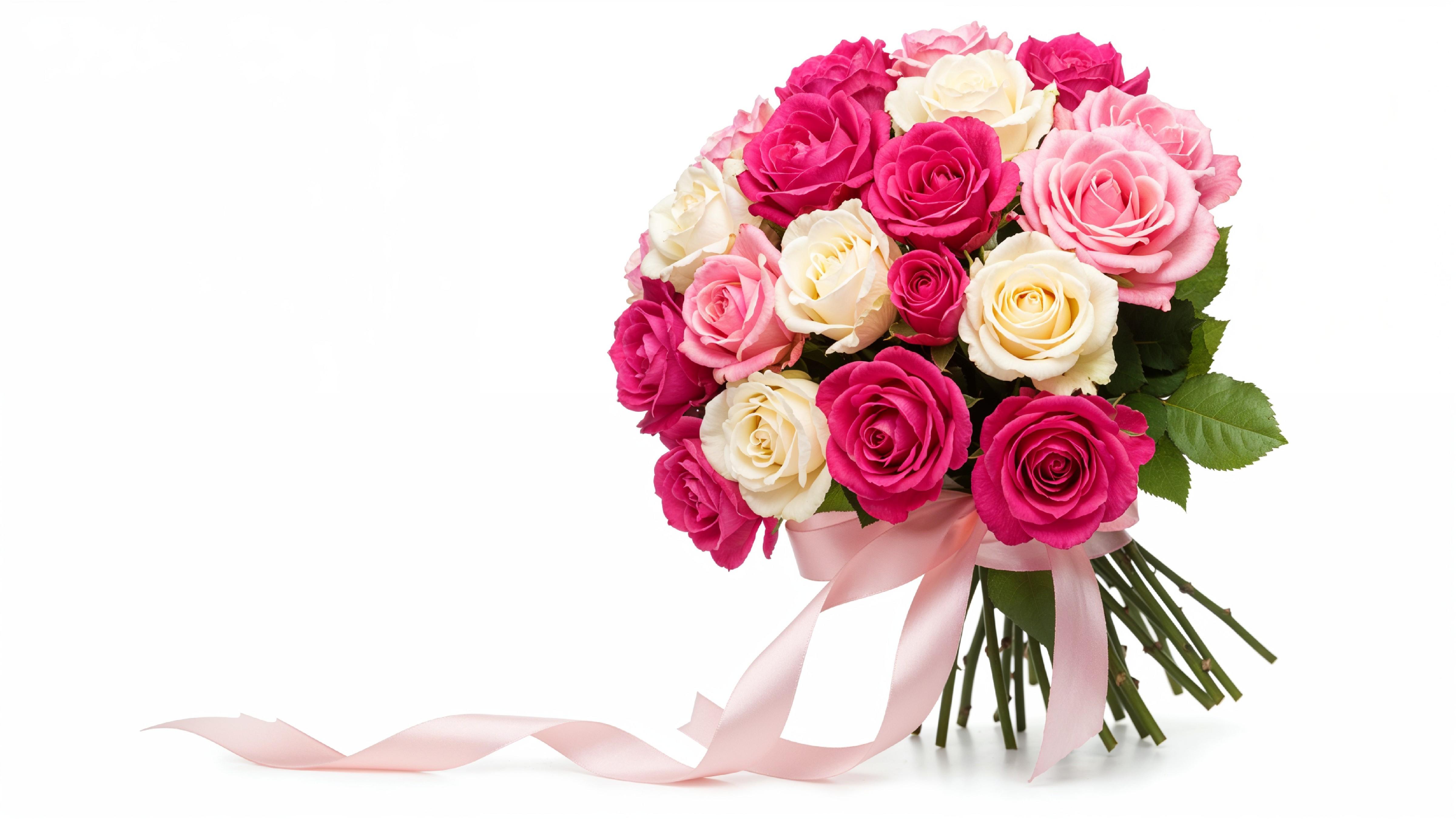 Romantic Pink and White Rose Bouquet with Ribbon