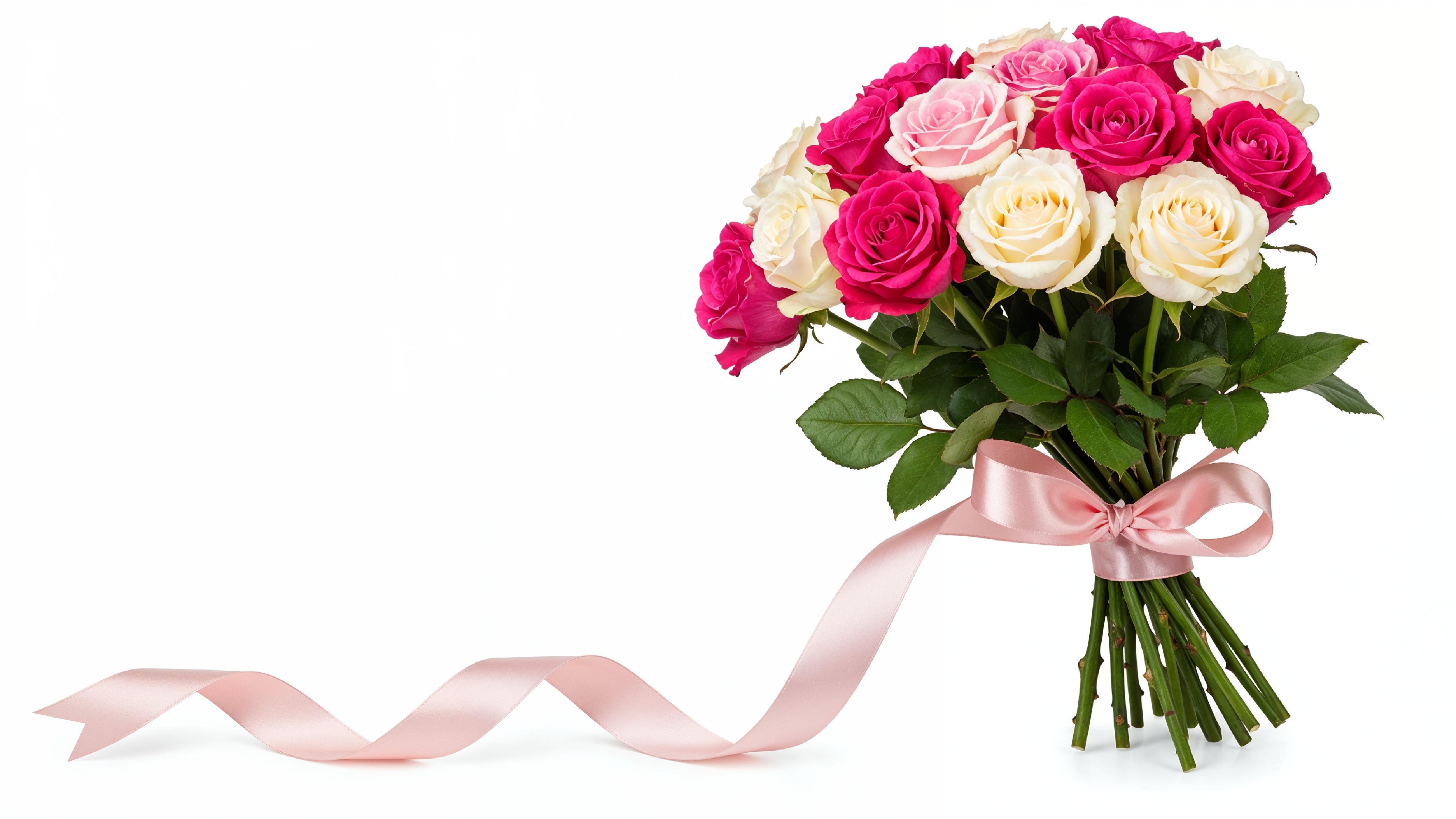 Romantic Pink and White Rose Bouquet with Ribbon