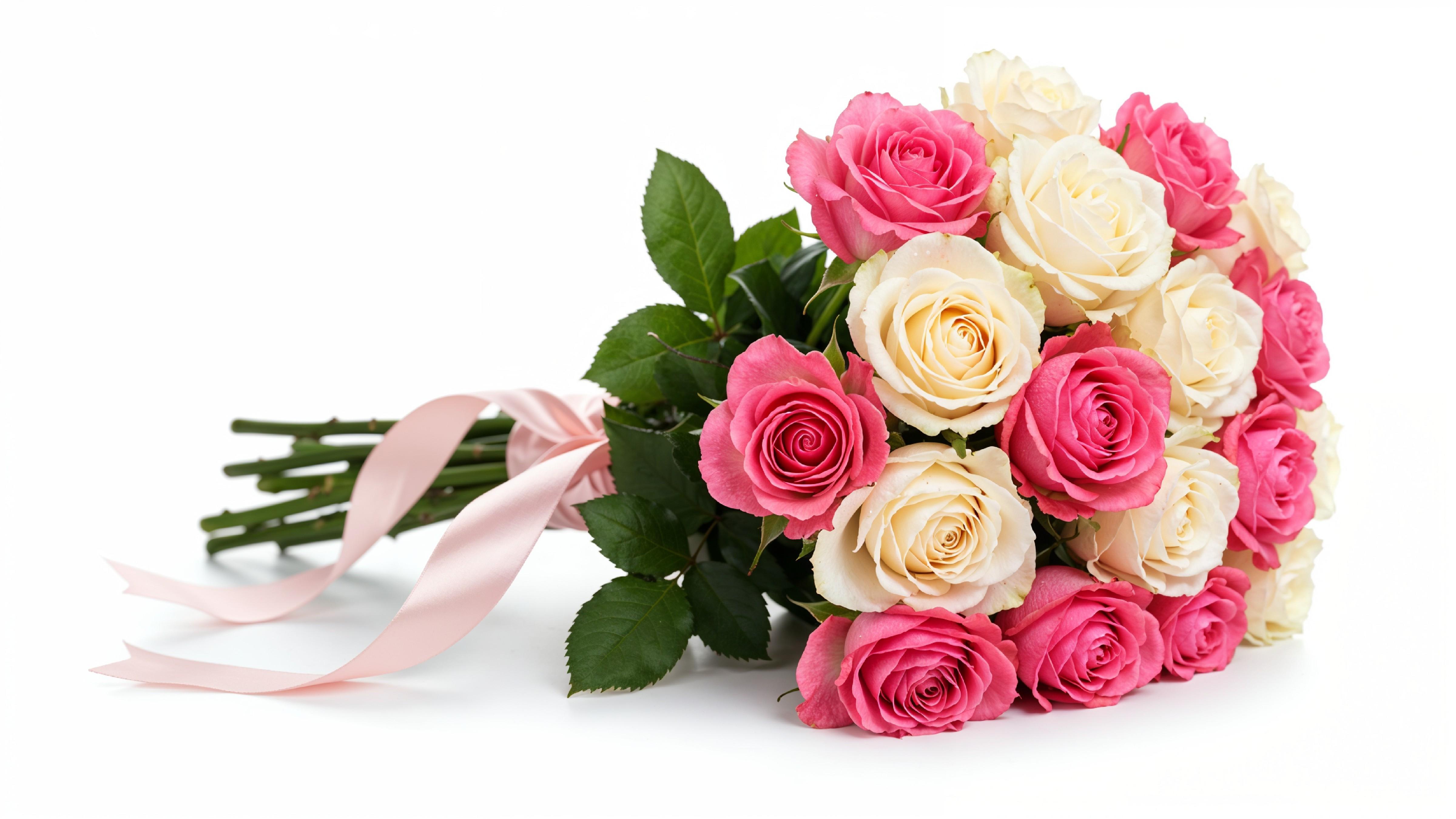 Romantic Pink and White Rose Bouquet with Ribbon