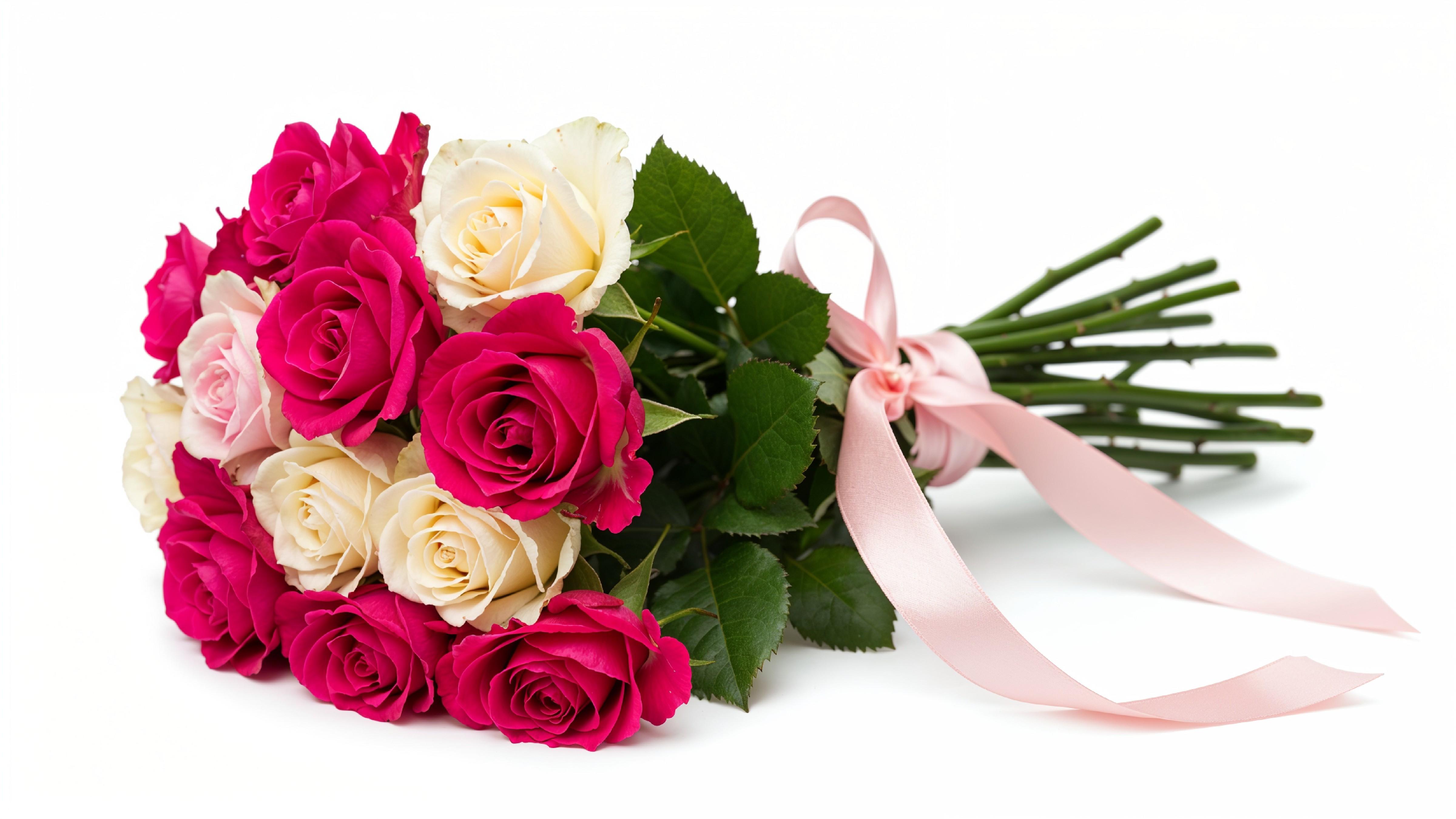 Romantic Pink and White Rose Bouquet with Ribbon