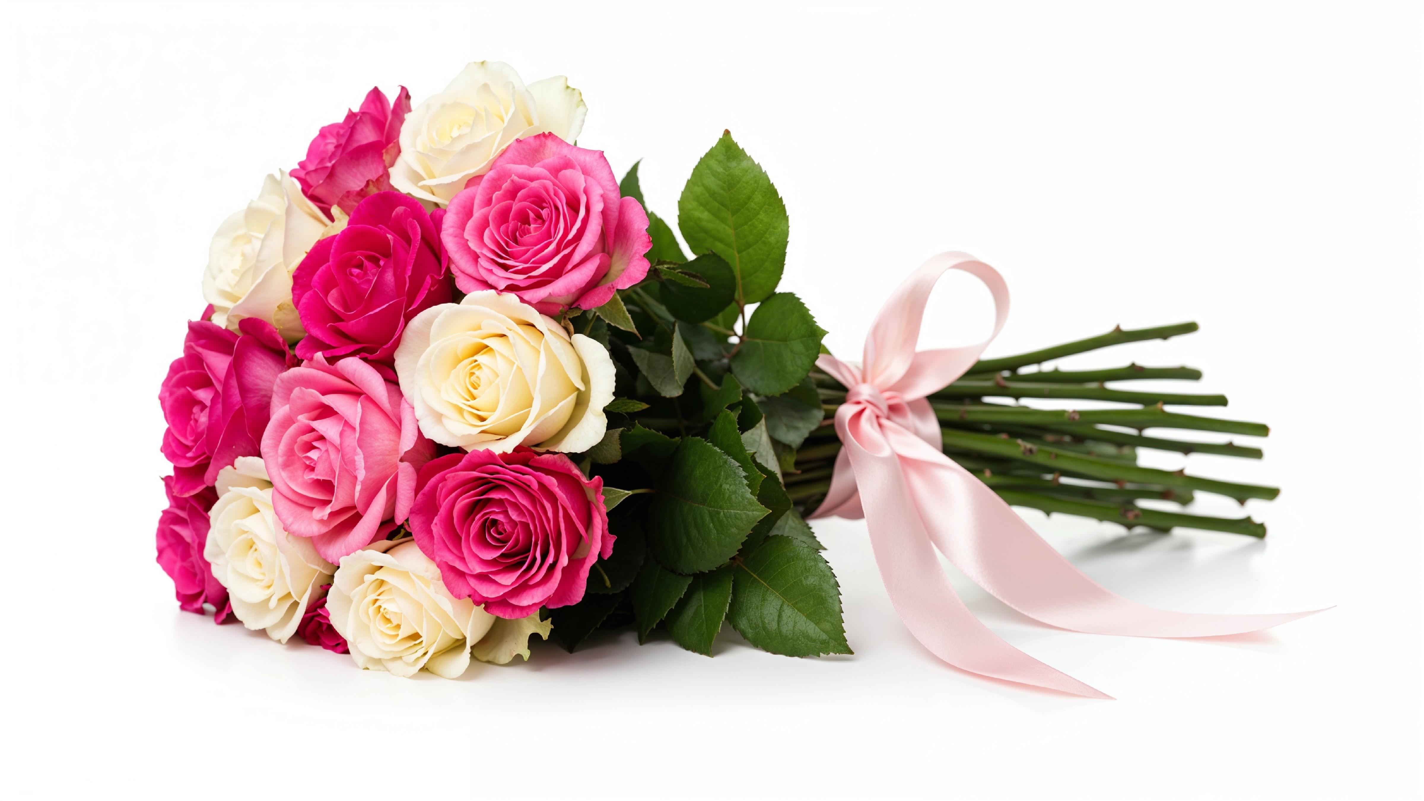Romantic Pink and White Rose Bouquet with Ribbon