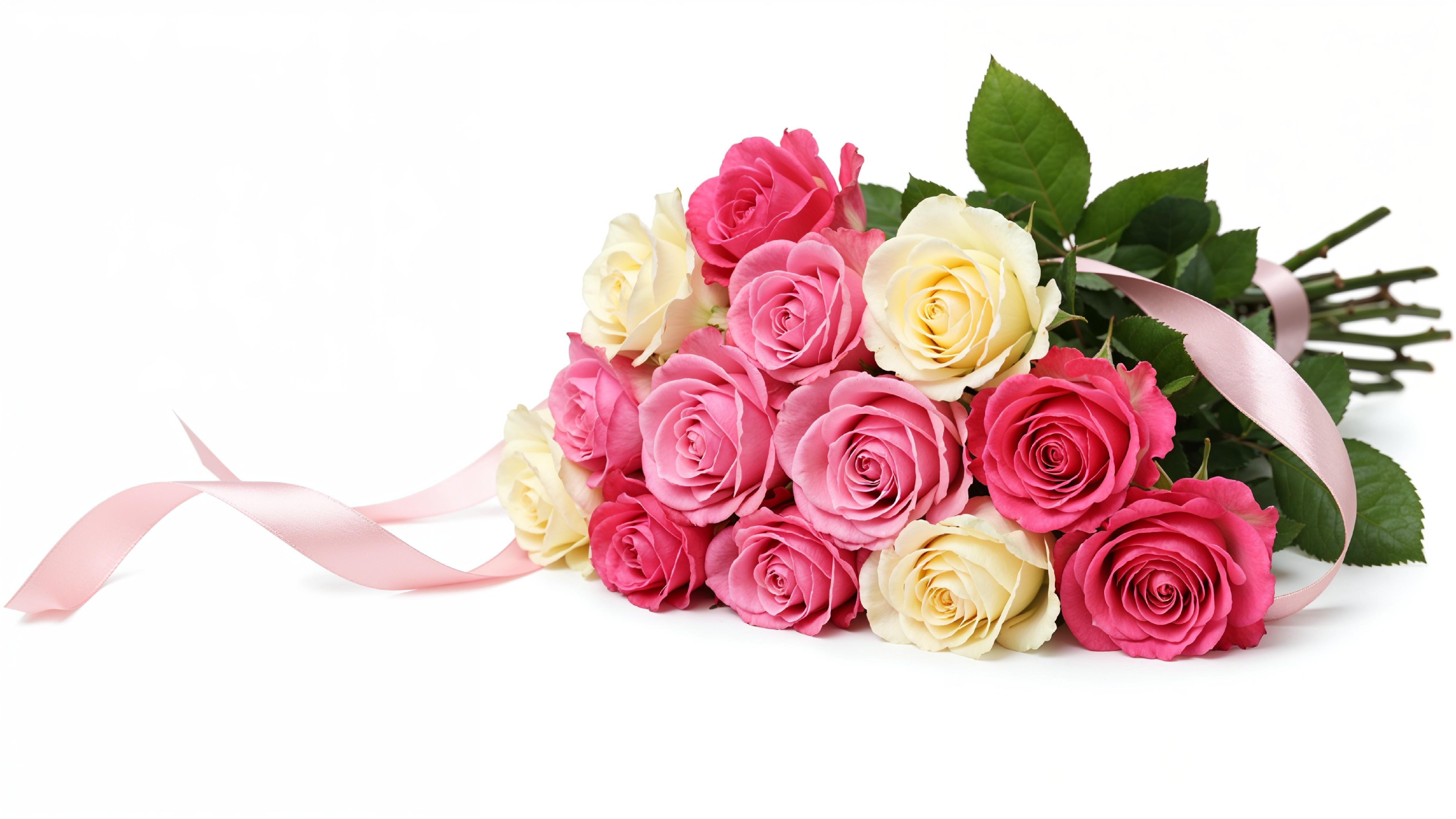 Romantic Pink and White Rose Bouquet with Ribbon