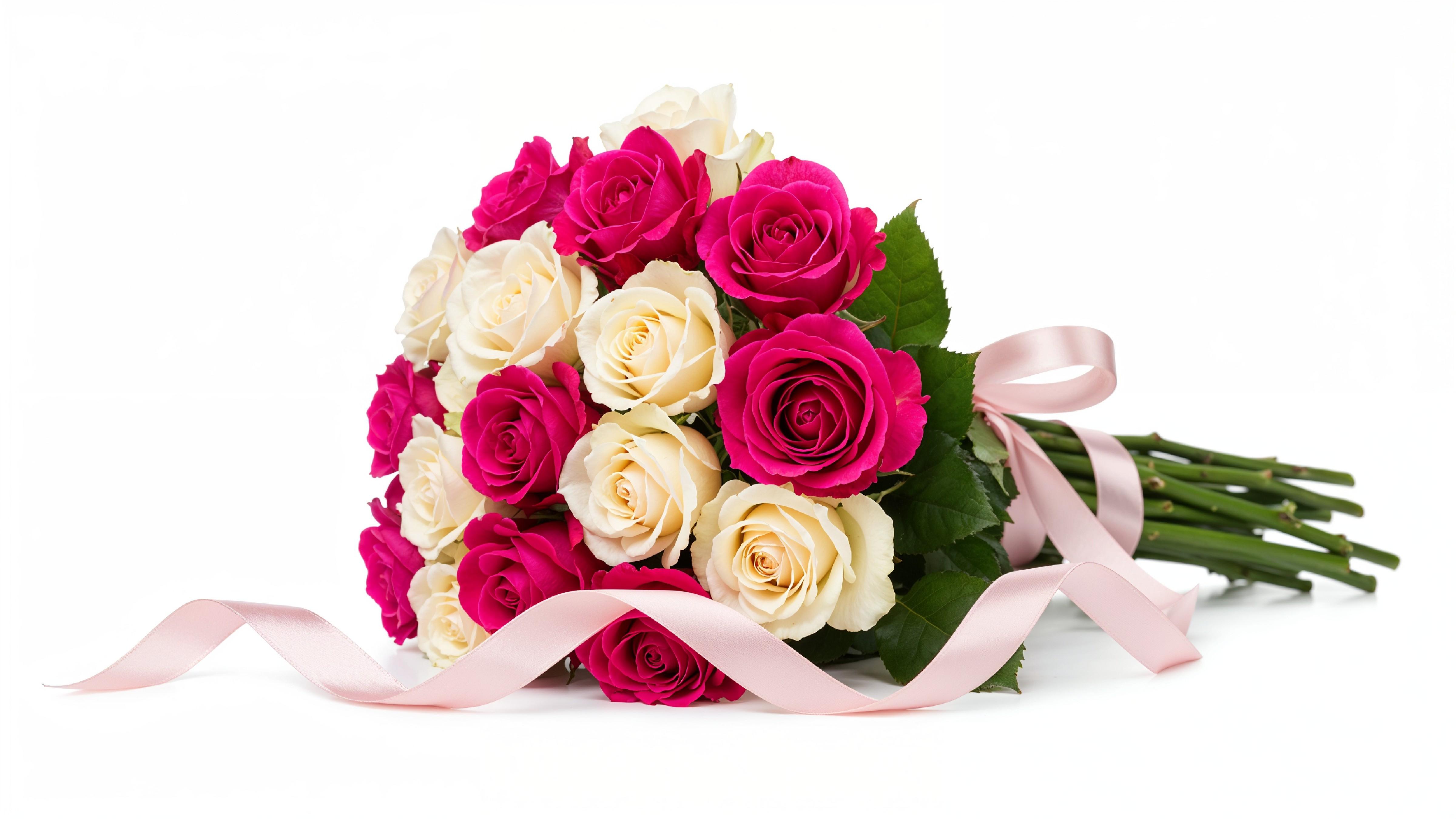 Romantic Pink and White Rose Bouquet with Ribbon