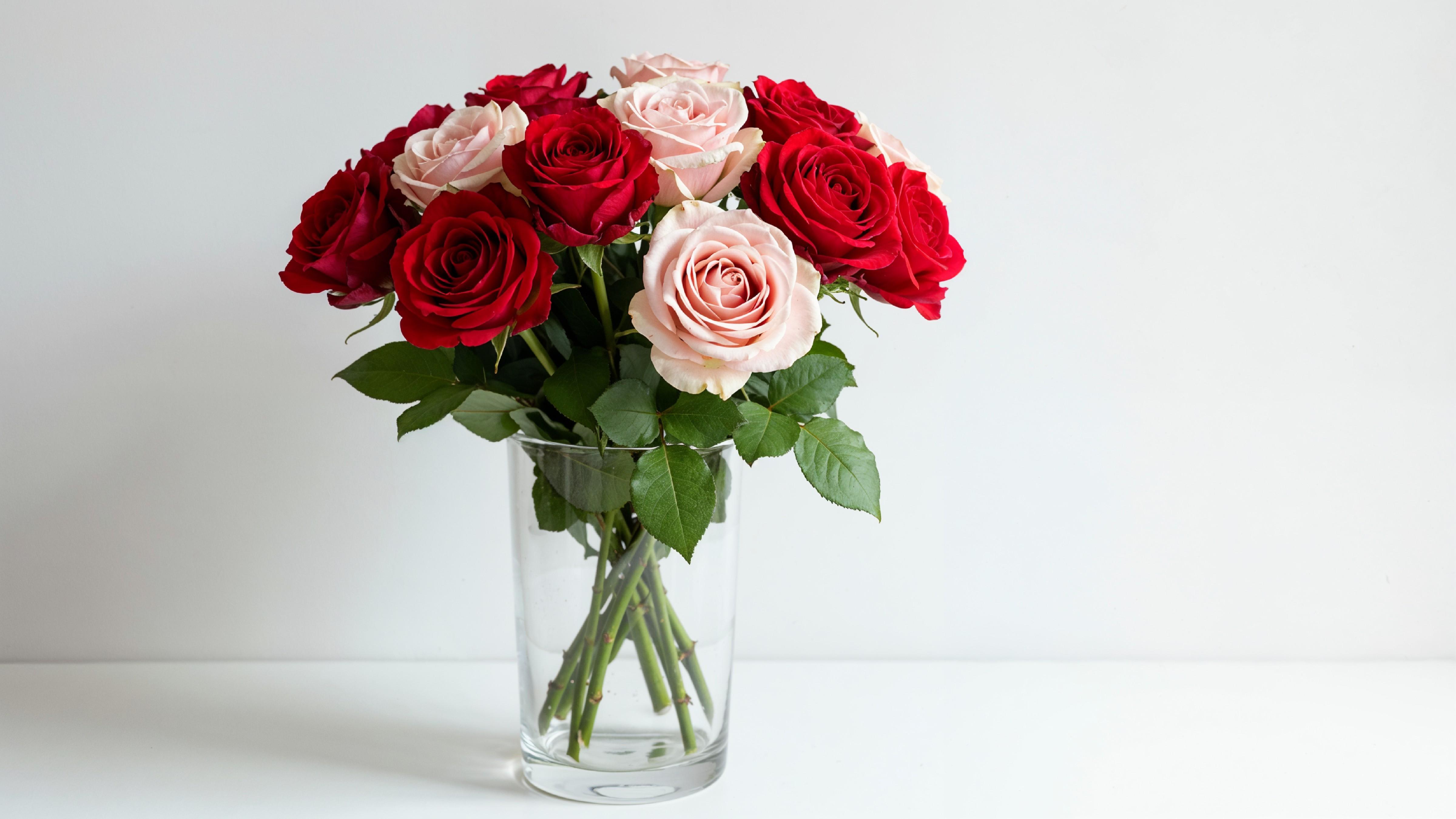 Romantic Red and Blush Rose Bouquet in Glass Vase
