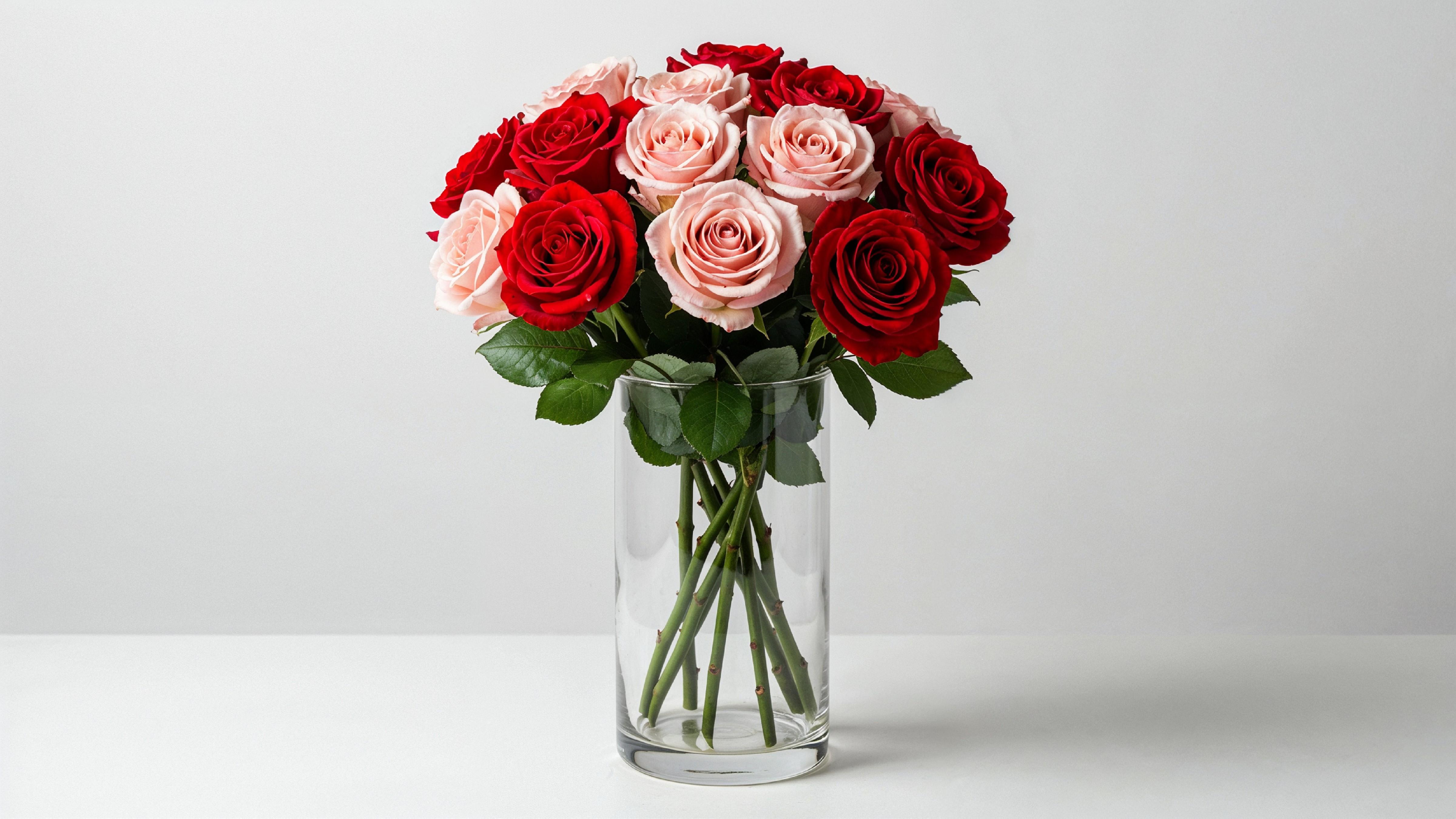 Romantic Red and Blush Rose Bouquet in Glass Vase