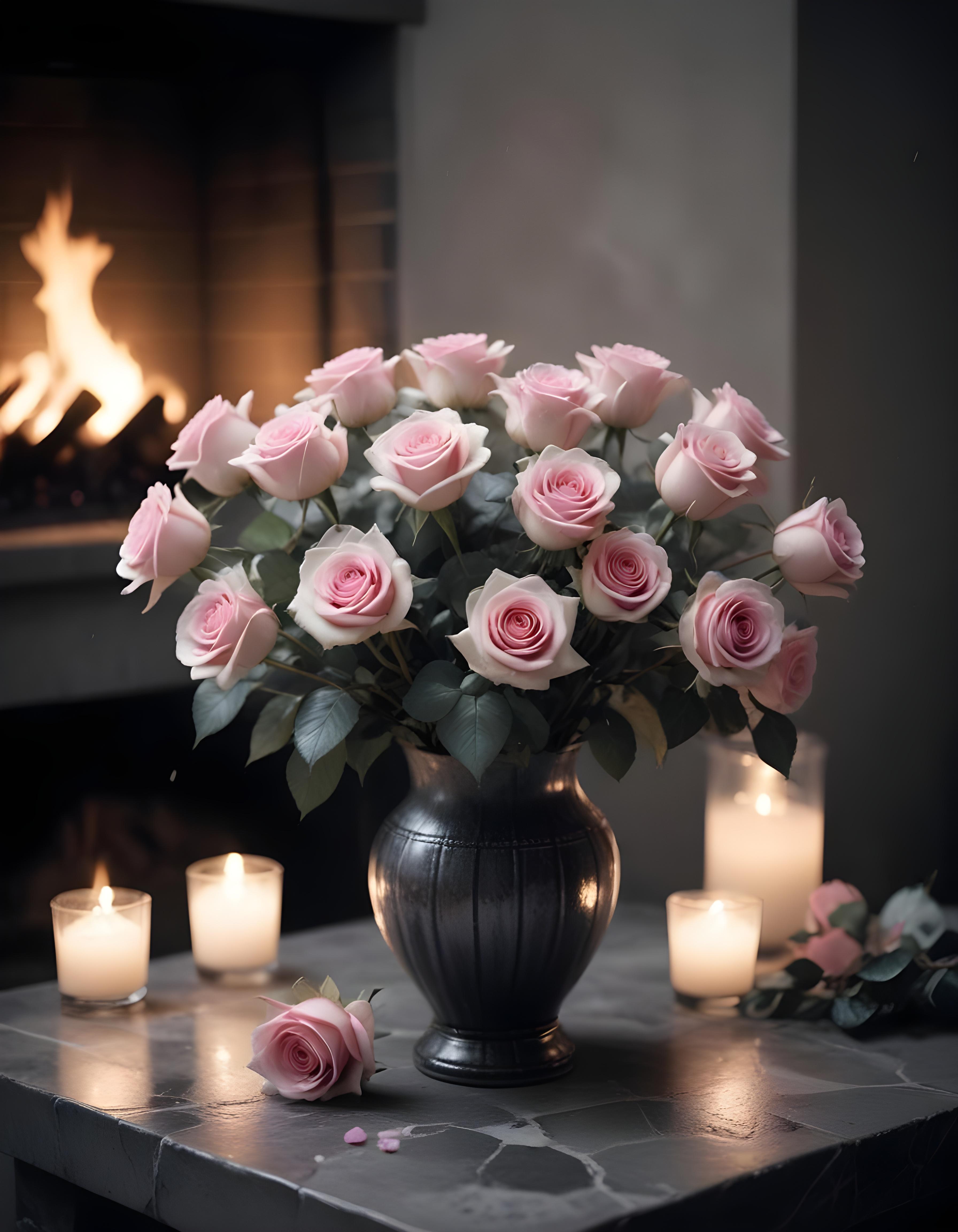Romantic Rose Flower Bouquet with Candlelight and Cozy Love Theme Background
