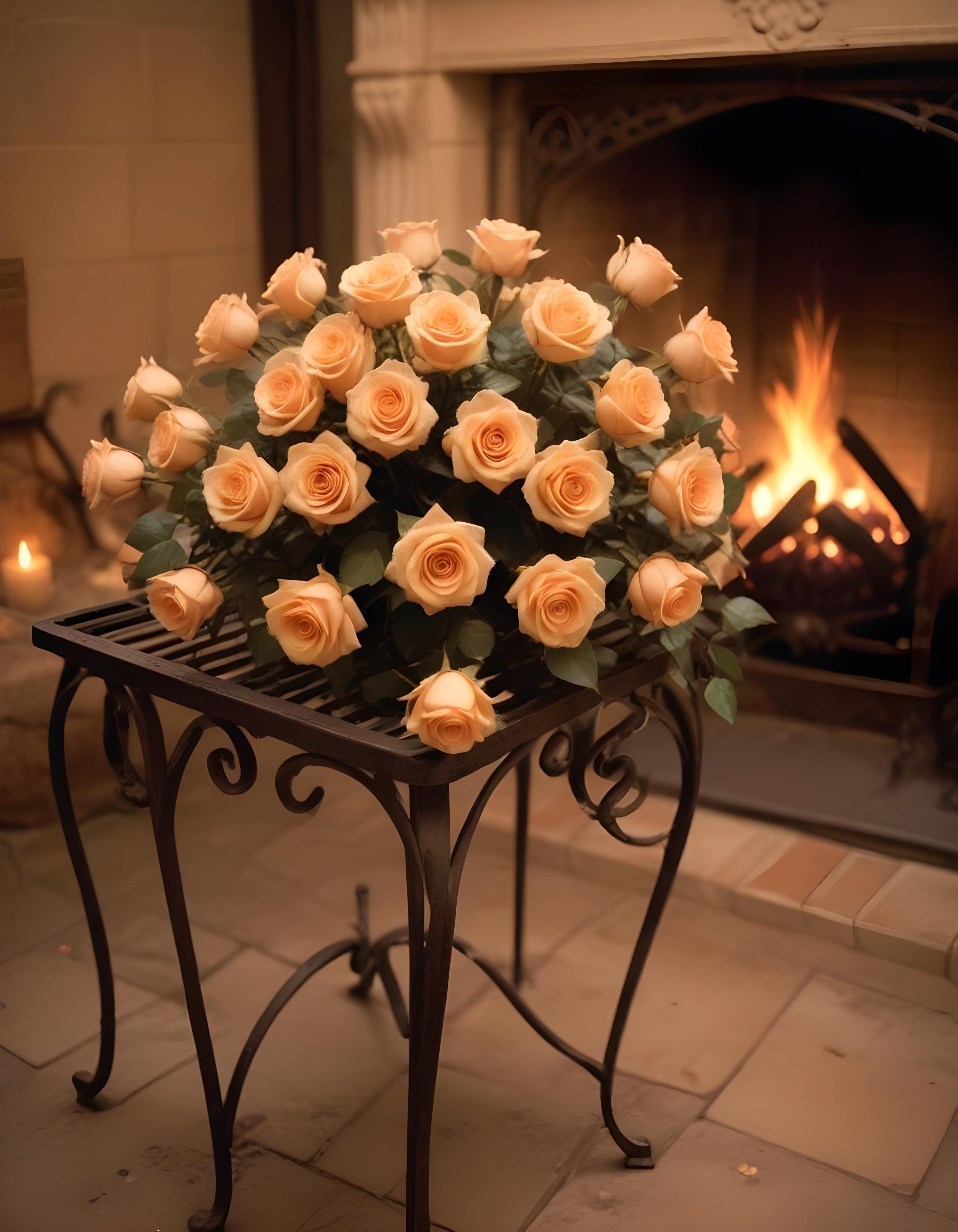 Romantic Rose Flower Bouquet with Candlelight and Cozy Love Theme Background