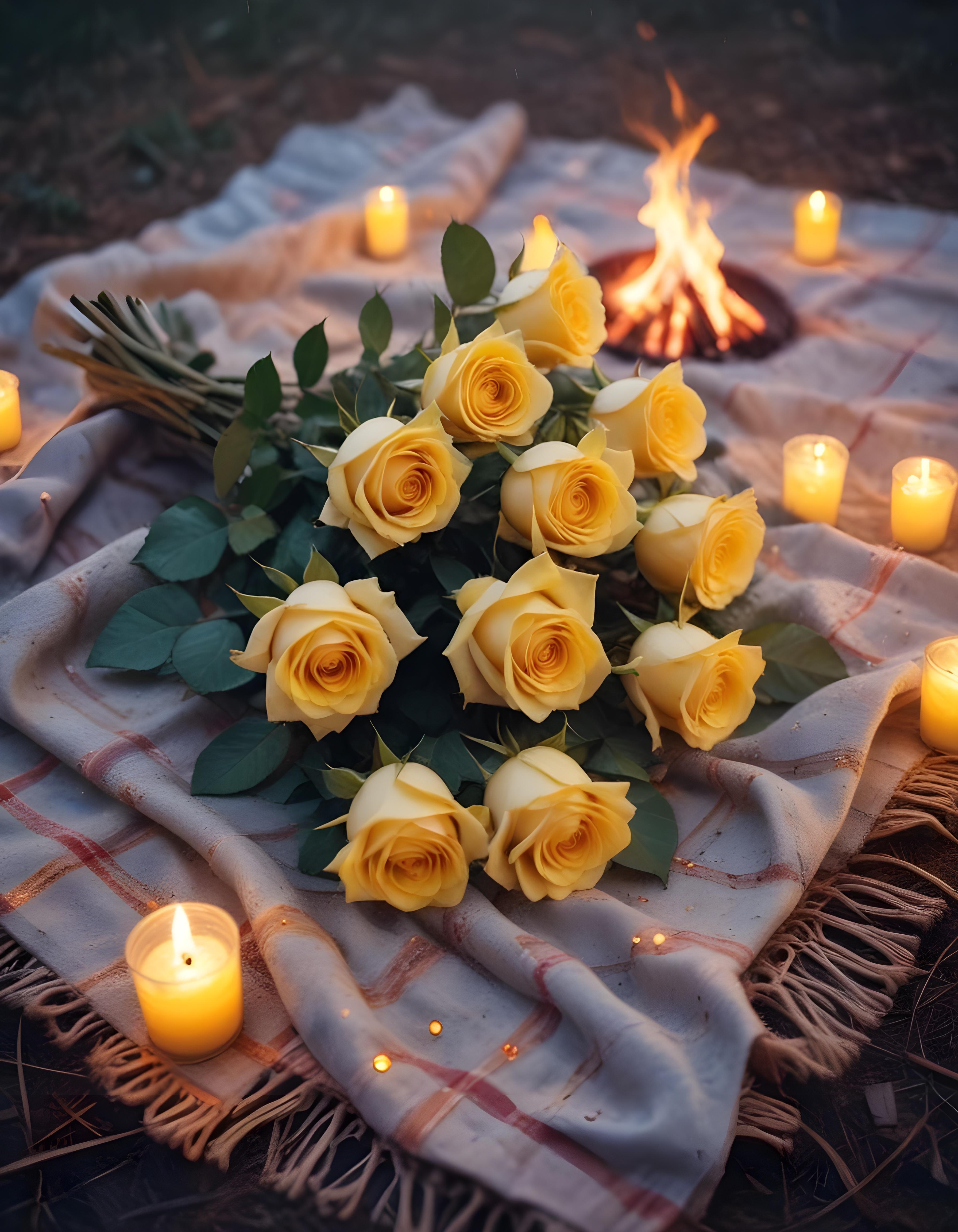 Romantic Rose Flower Bouquet with Candlelight and Cozy Love Theme Background