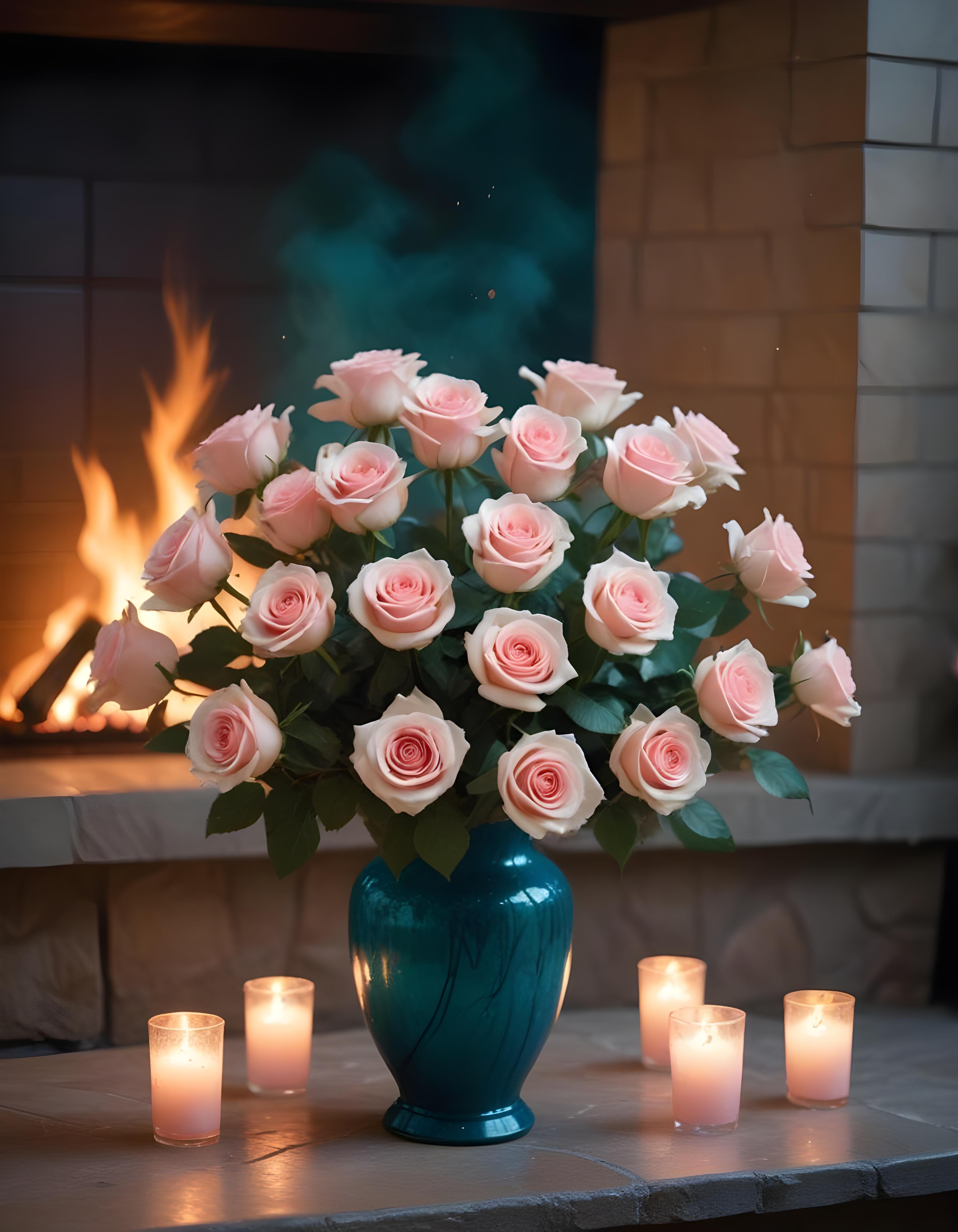 Romantic Rose Flower Bouquet with Candlelight and Cozy Love Theme Background