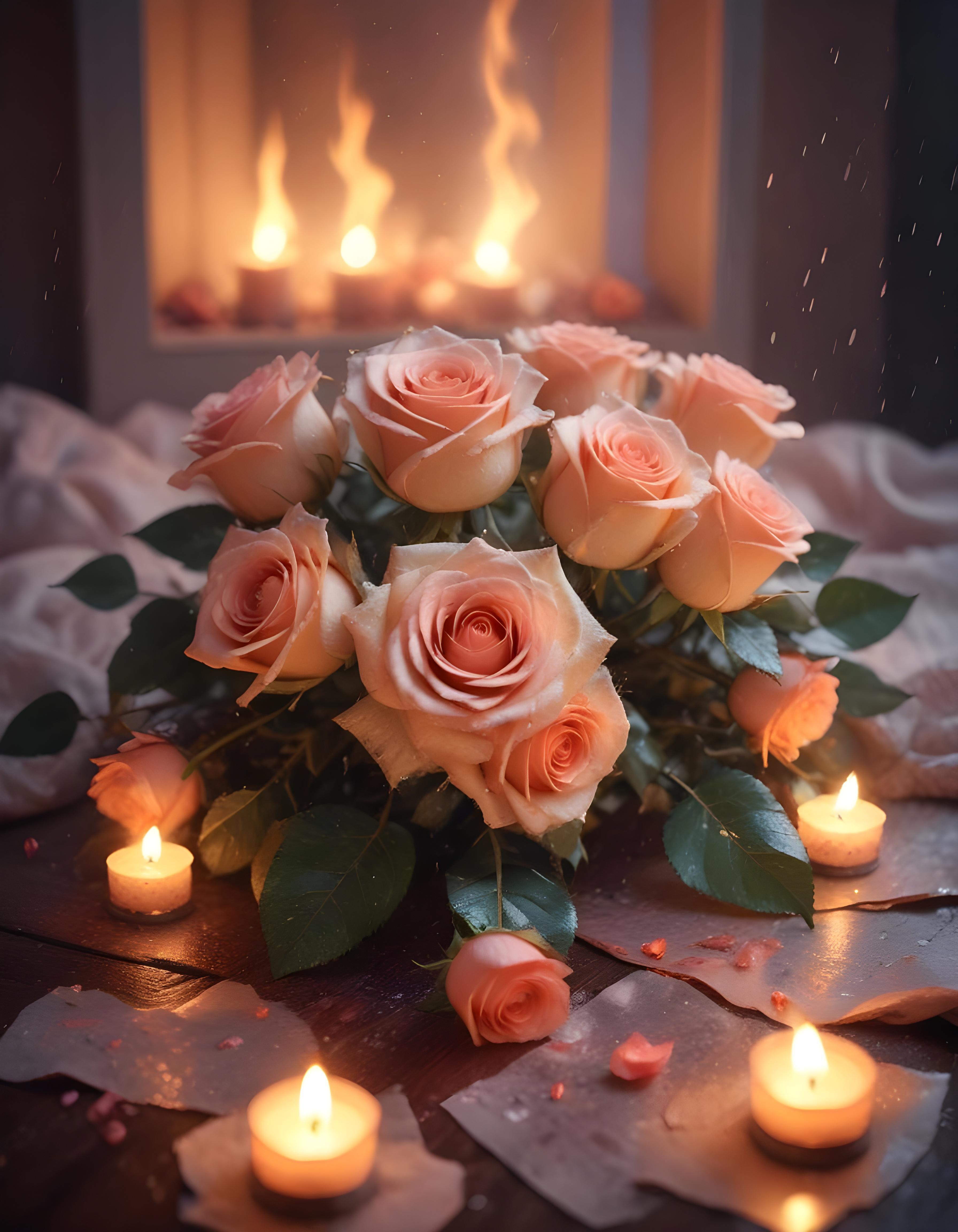 Romantic Rose Flower Bouquet with Candlelight and Cozy Love Theme Background