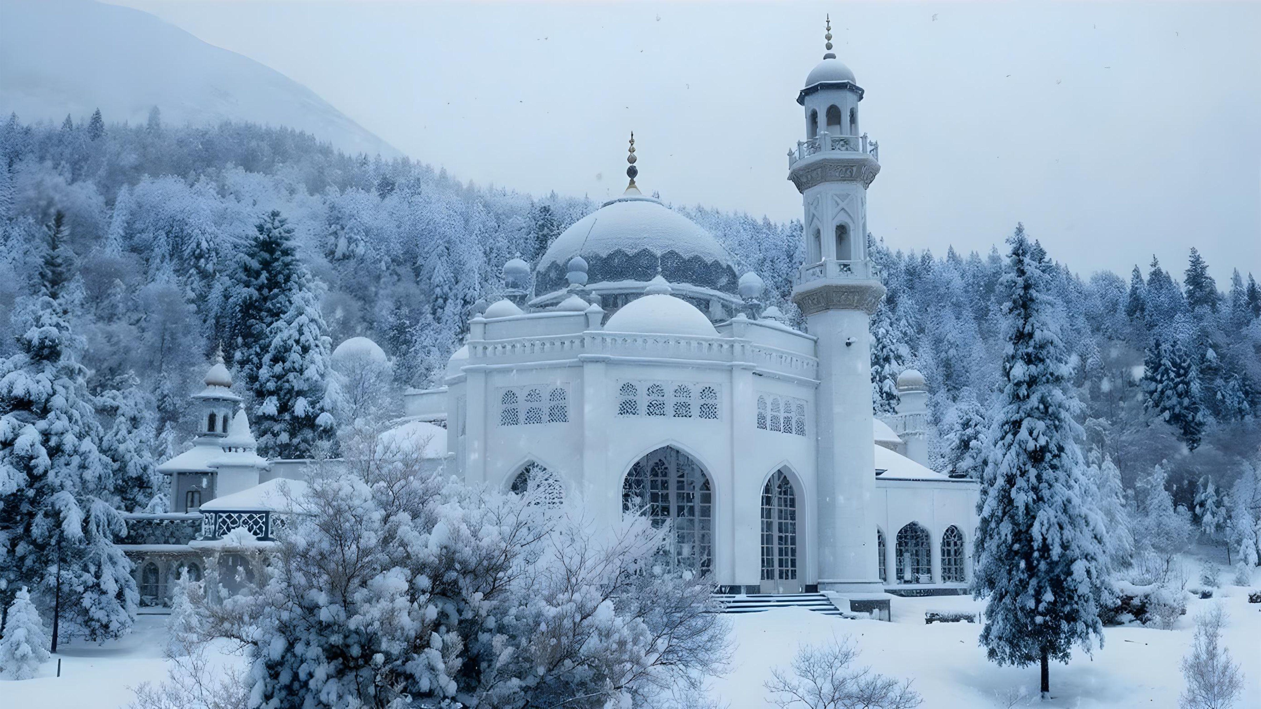 Scenic Snow Covered Mosque in Kashmir Mountains During Winter Season