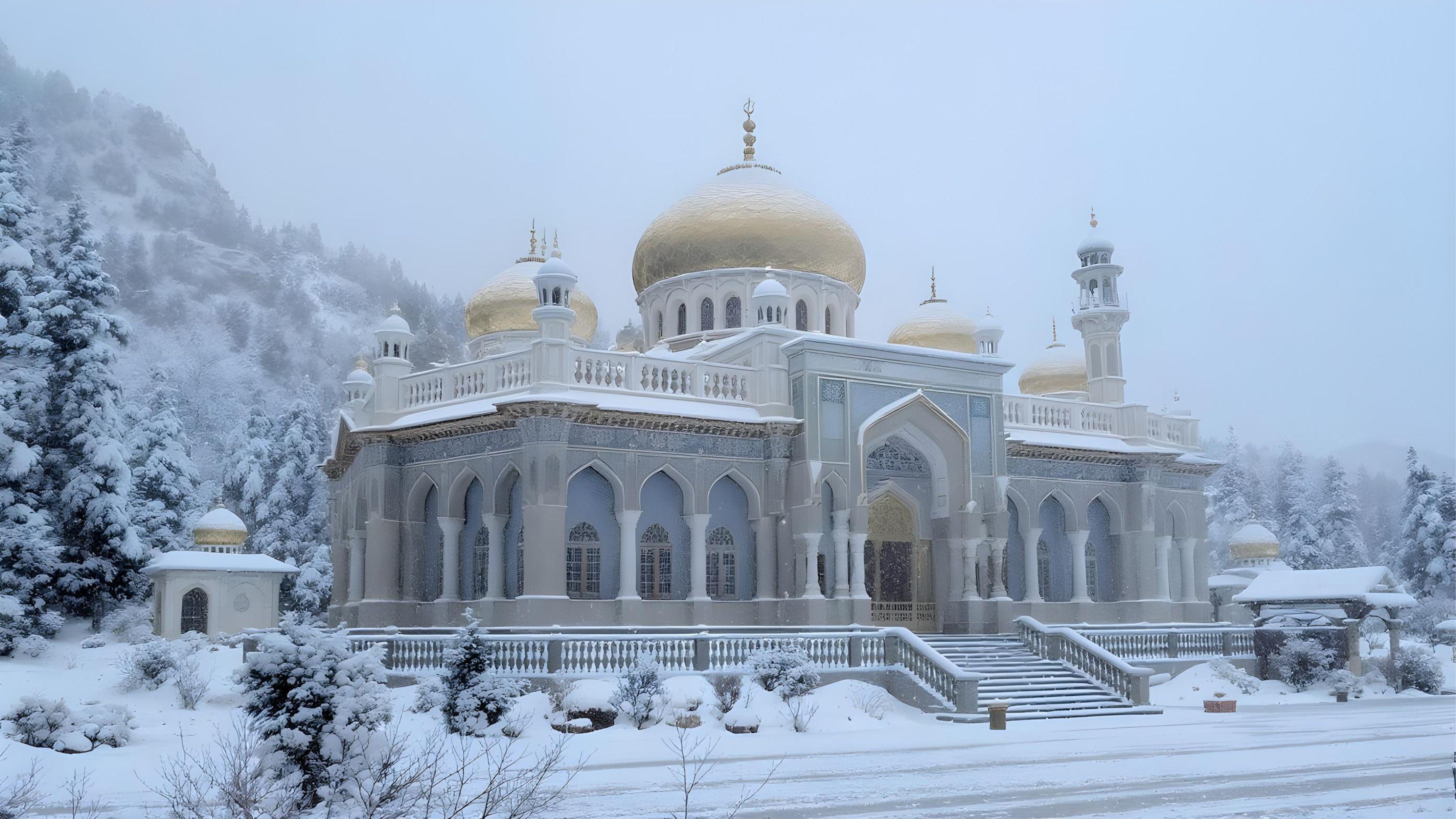 Scenic Snow Covered Mosque in Kashmir Mountains During Winter Season