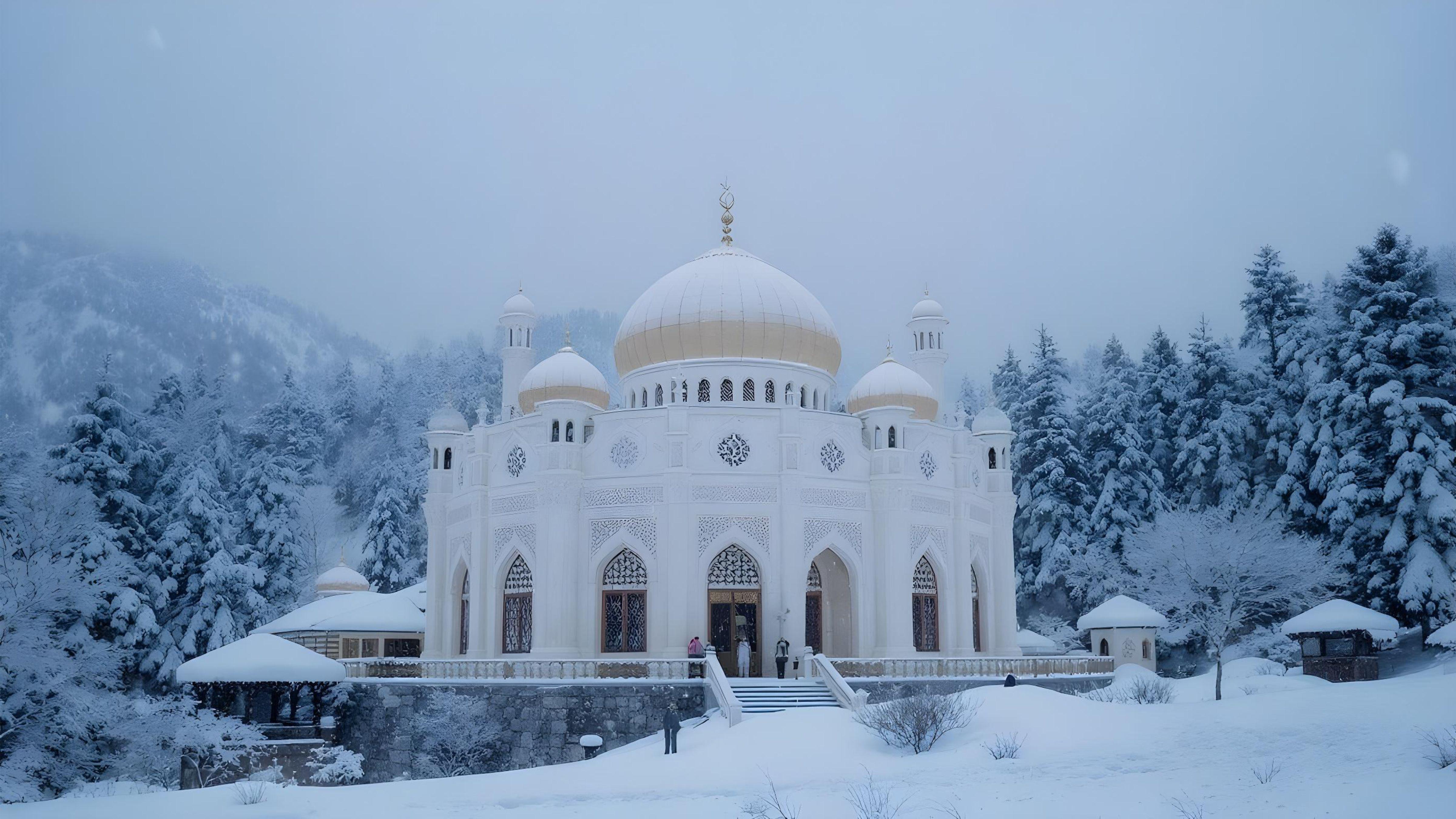 Scenic Snow Covered Mosque in Kashmir Mountains During Winter Season