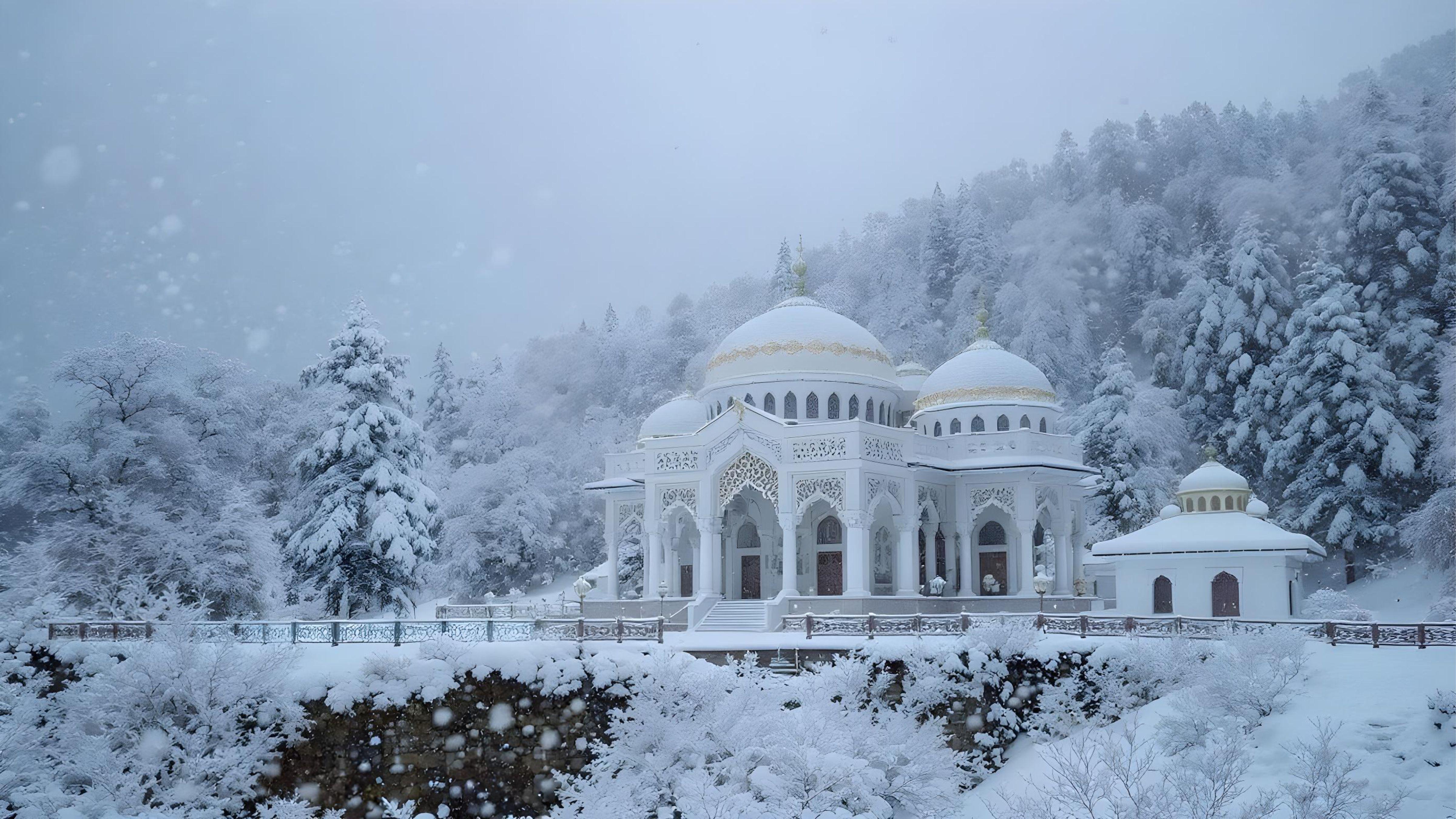Scenic Snow Covered Mosque in Kashmir Mountains During Winter Season