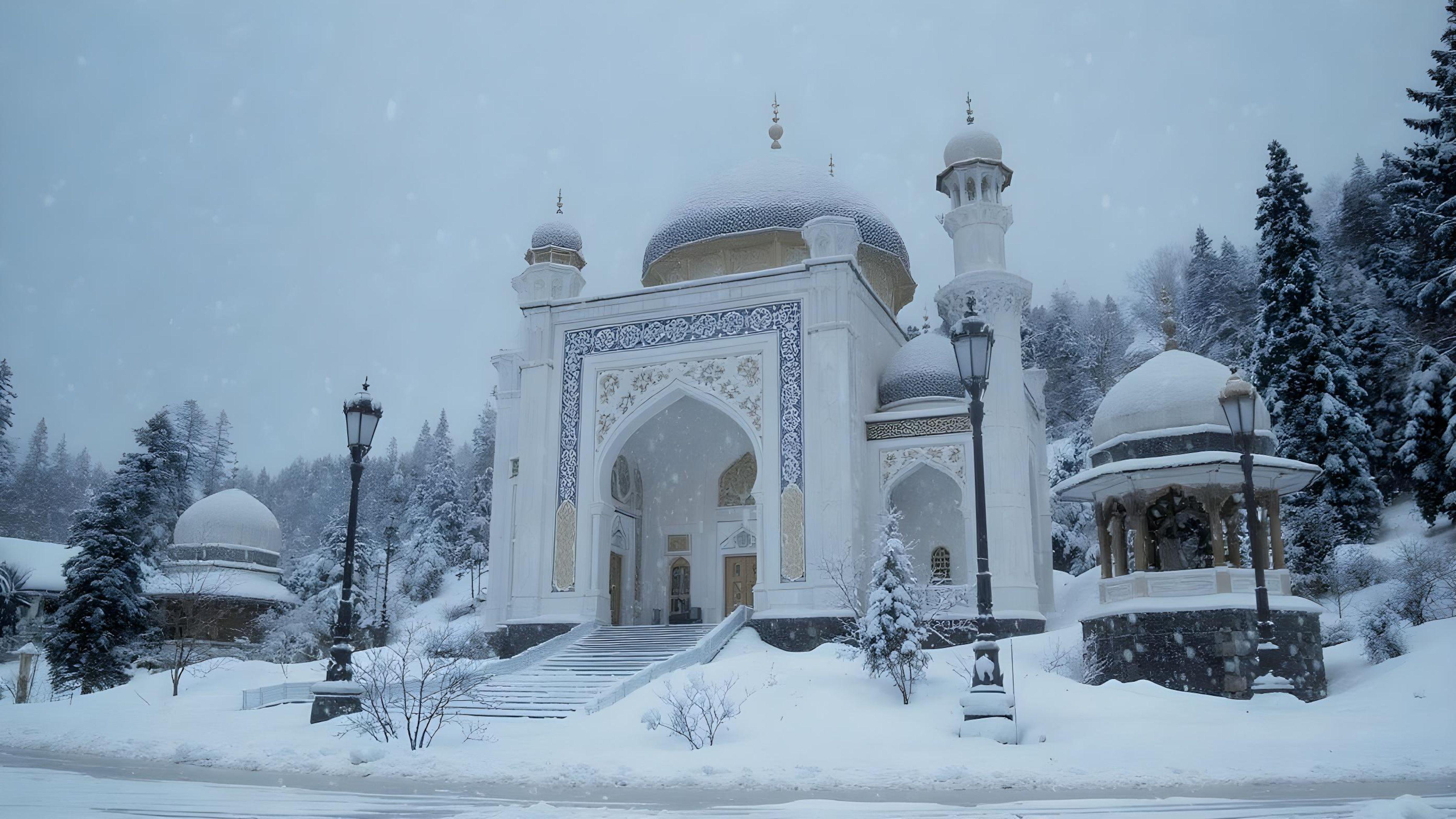 Scenic Snow Covered Mosque in Kashmir Mountains During Winter Season